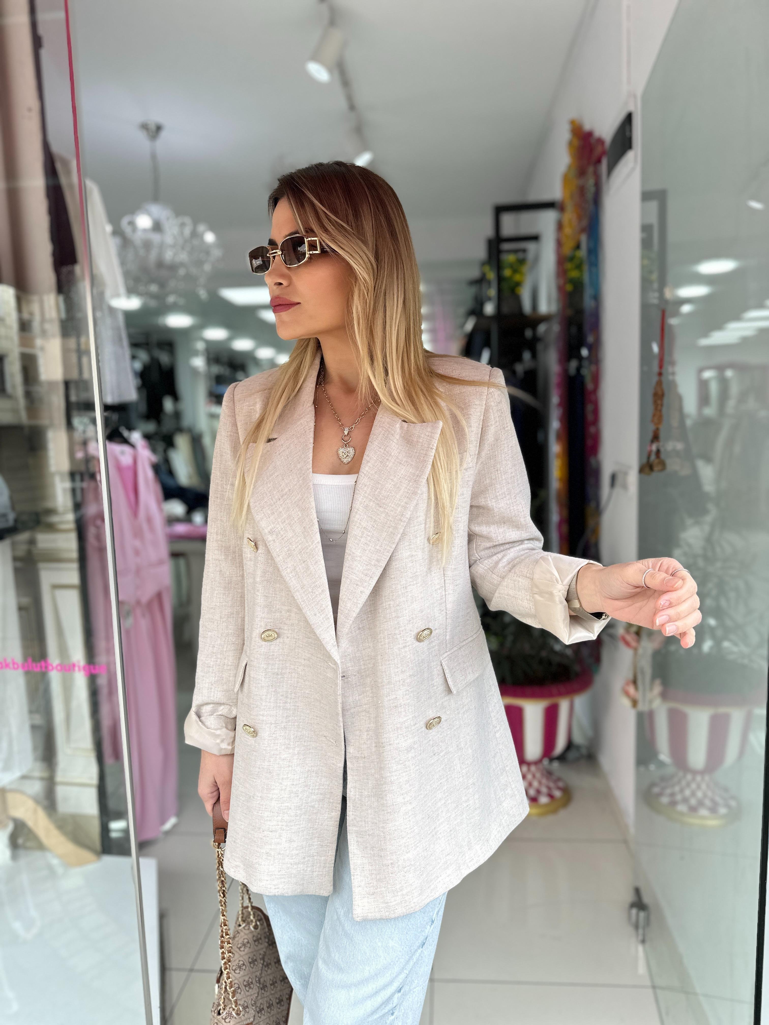 HYL Bej Ham Keten Düğme Detay Blazer