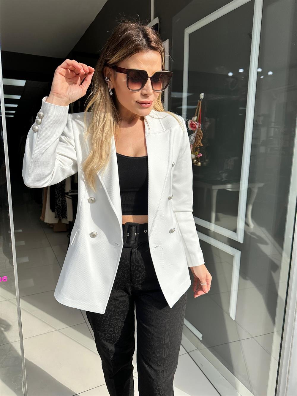 HYL Beyaz Düğmeli Blazer Ceket 