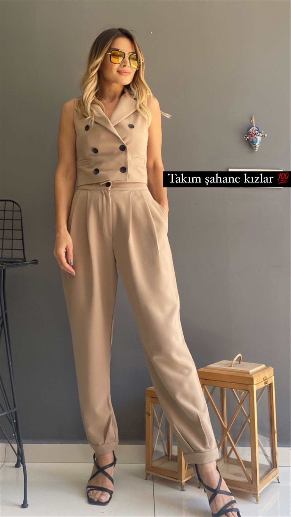 HYL Yelekli Bej Takım