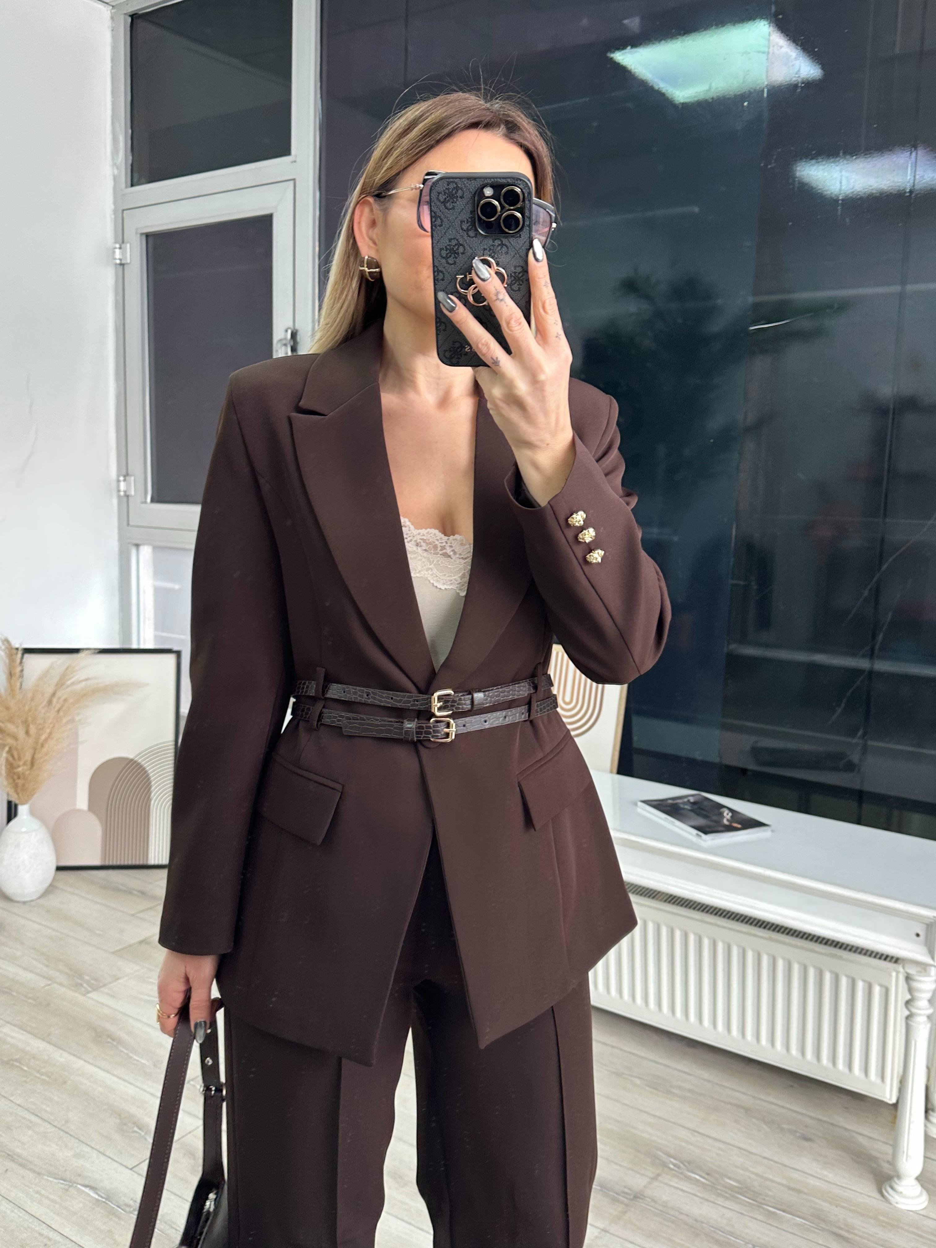 Kahve Çift Kemerli Blazer Pantolon Takım