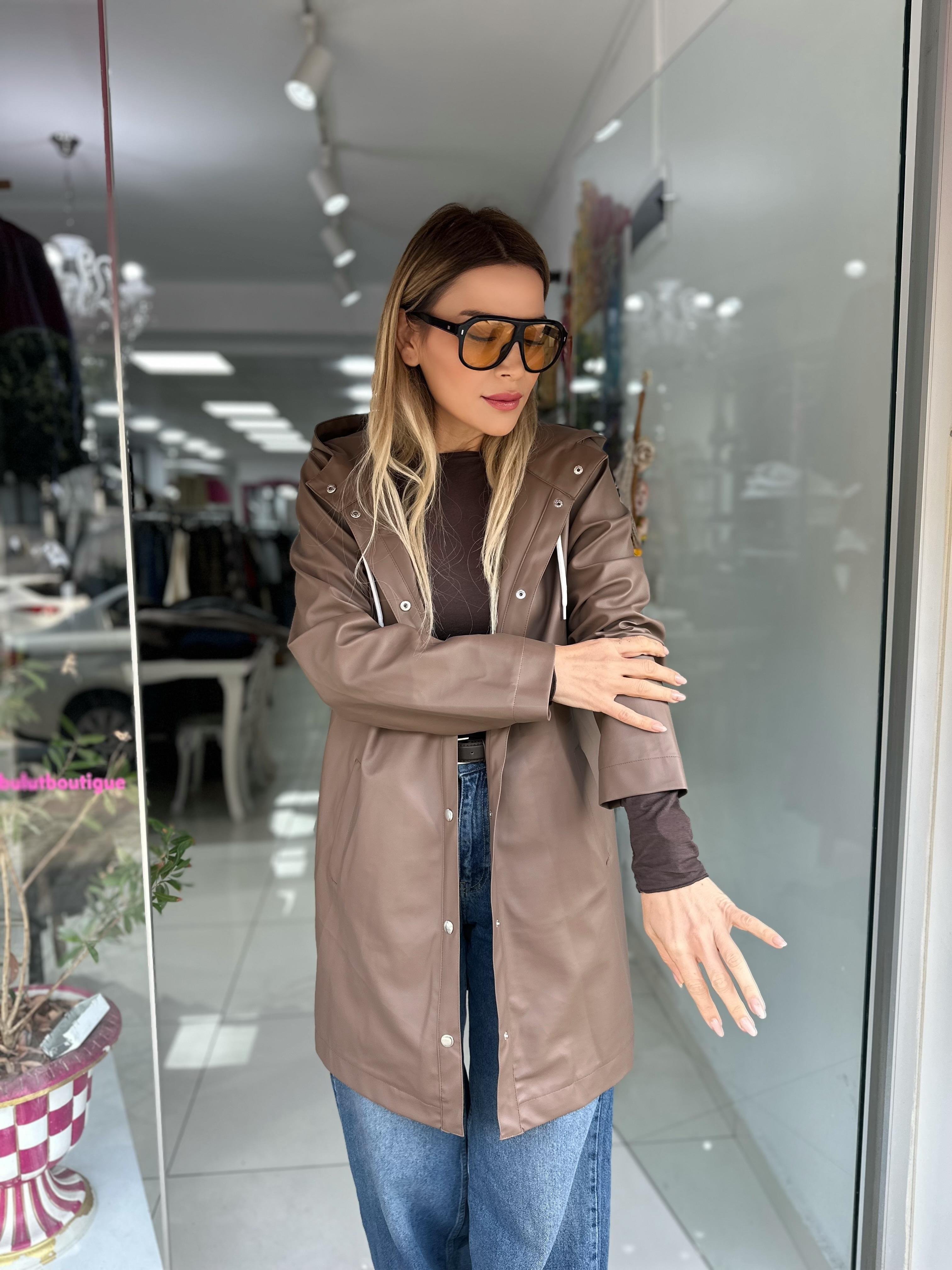 Kahve İthal Suni Deri Cepli Yağmurluk Ceket 