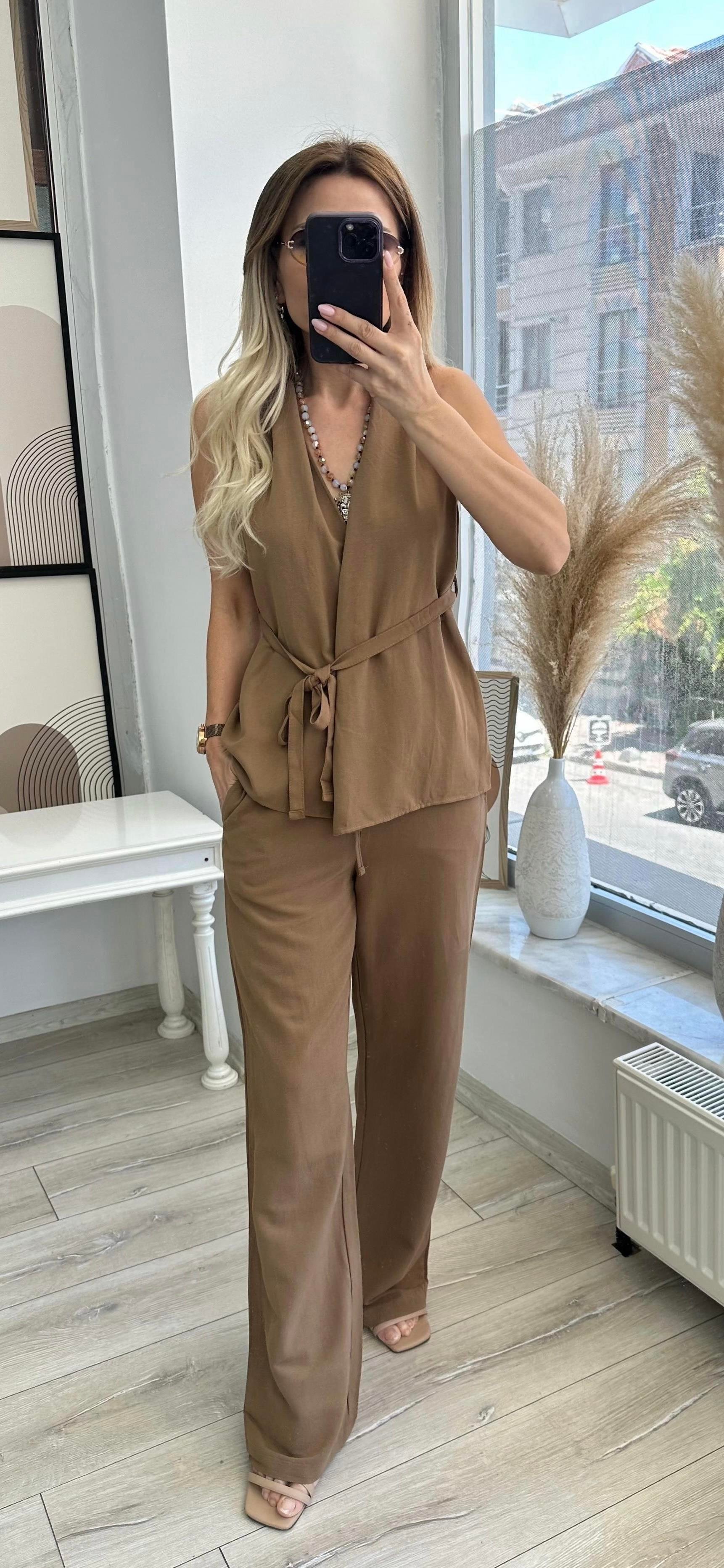 Kahve Keten Bluz Pantolon Takım