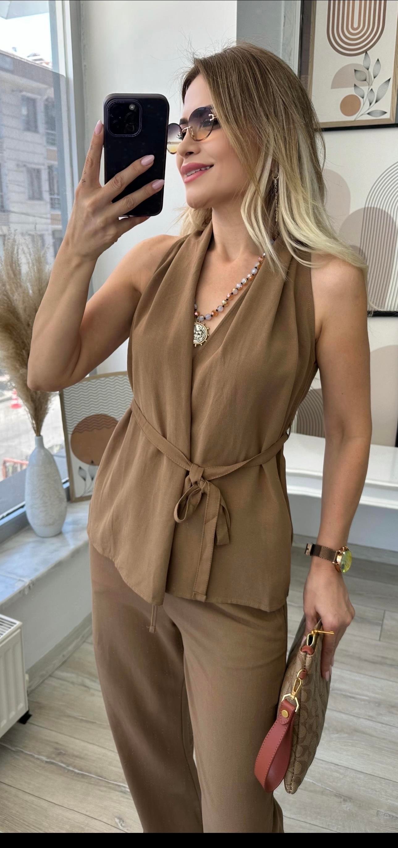 Kahve Keten Bluz Pantolon Takım