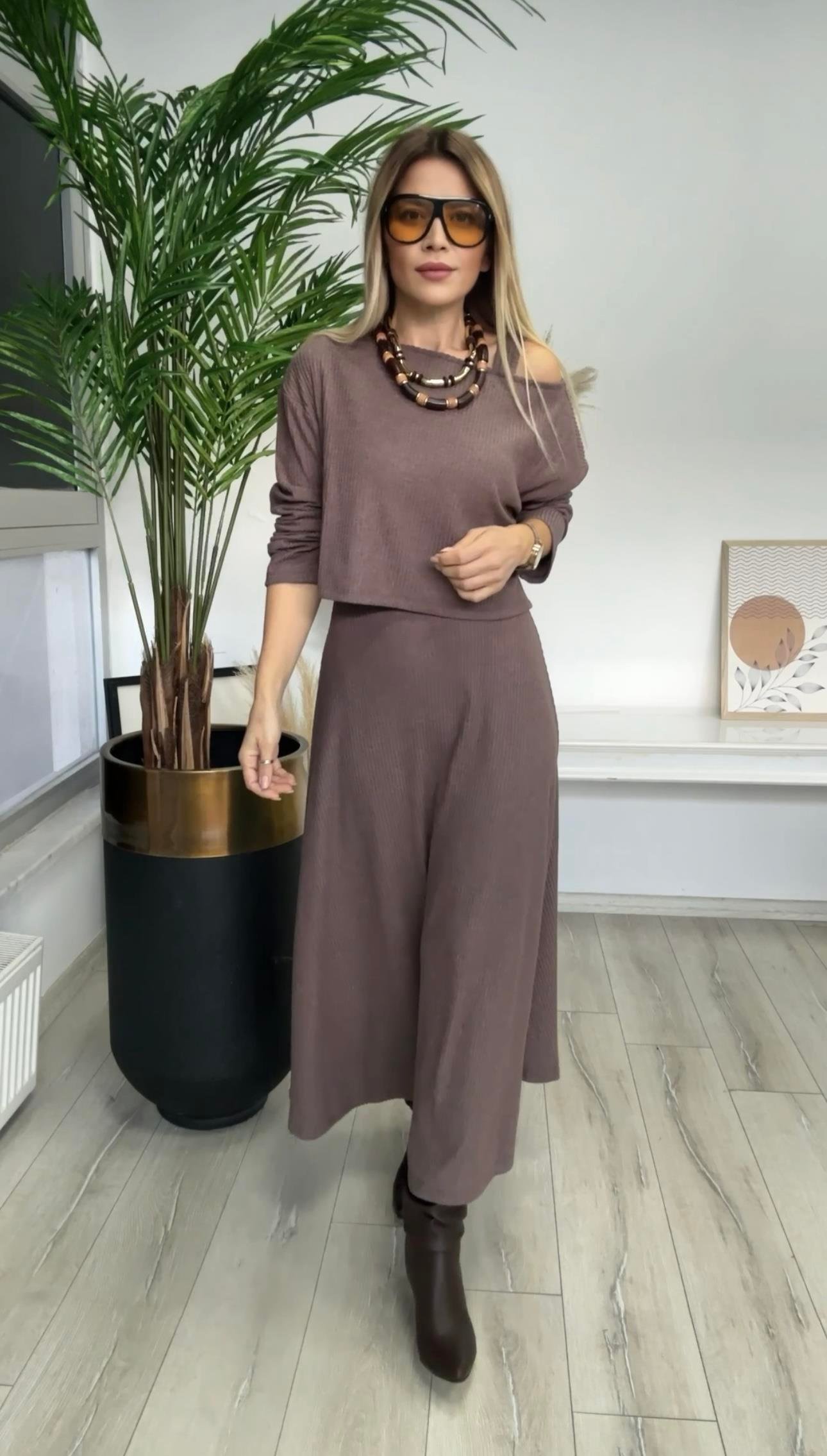 Kahve Örme Bluz Elbise Takım