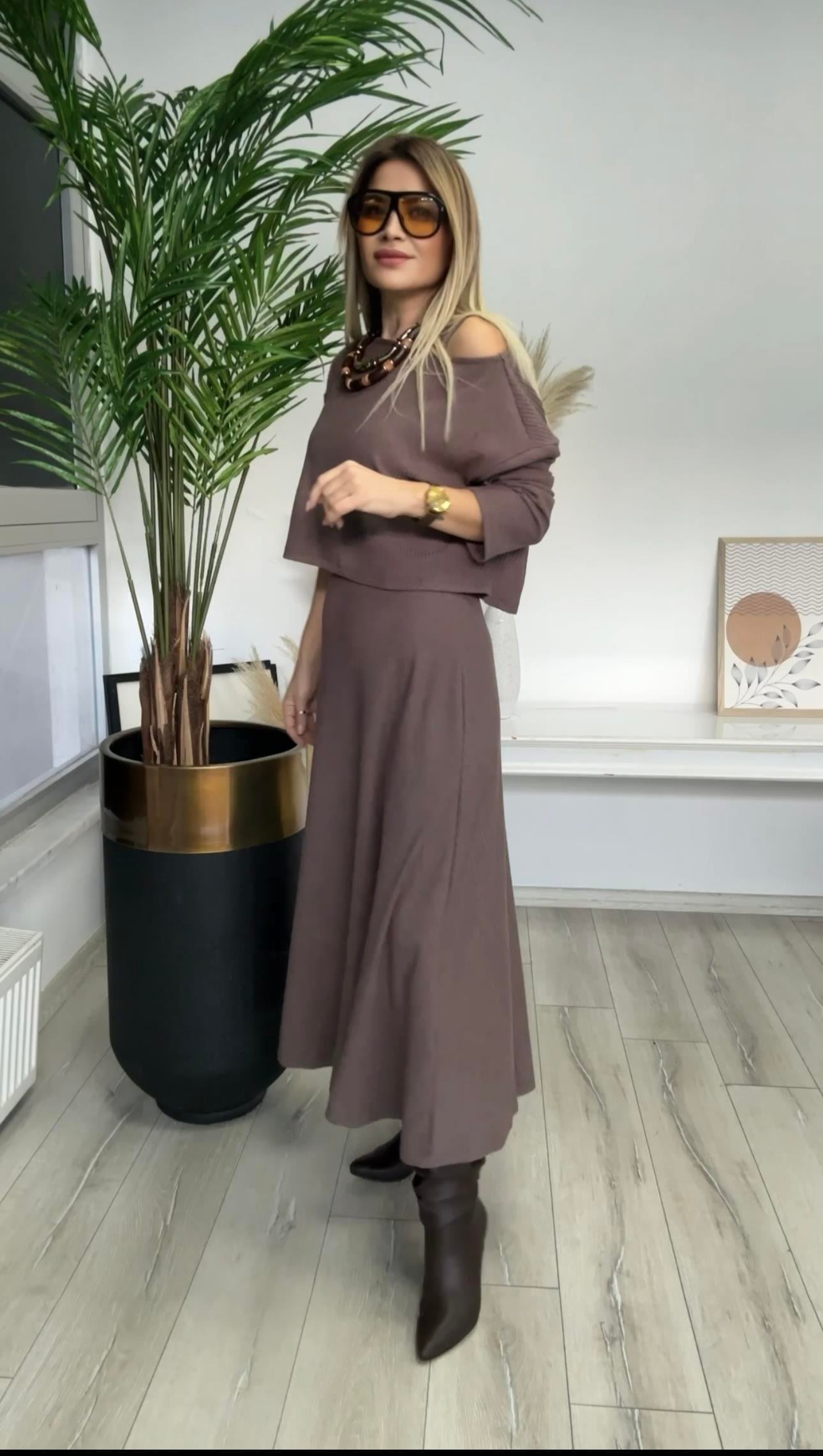 Kahve Örme Bluz Elbise Takım
