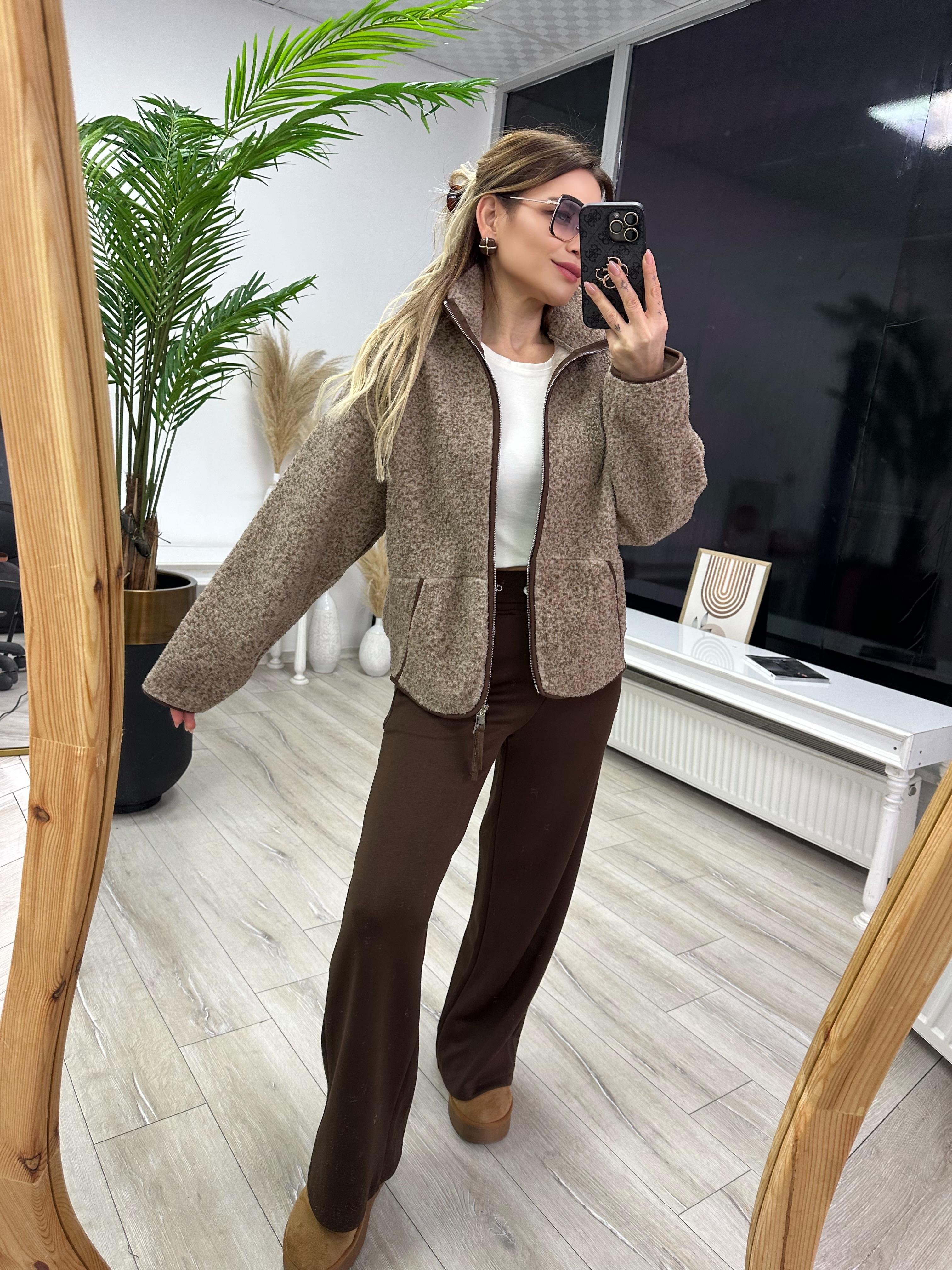 Kahve Peluş Fermuarlı Ceket