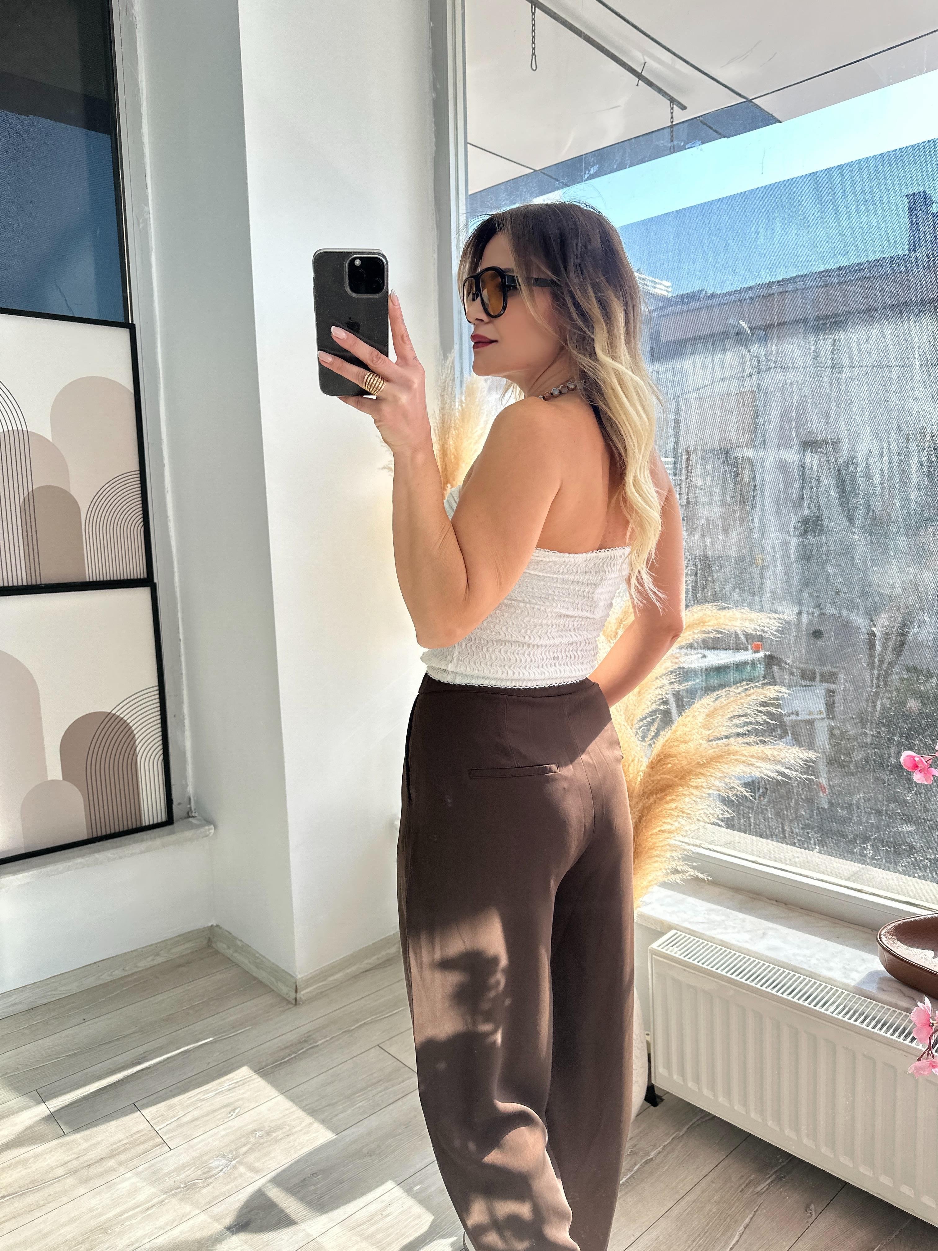 Kahve Pilili Beli Latikli Pantolon 