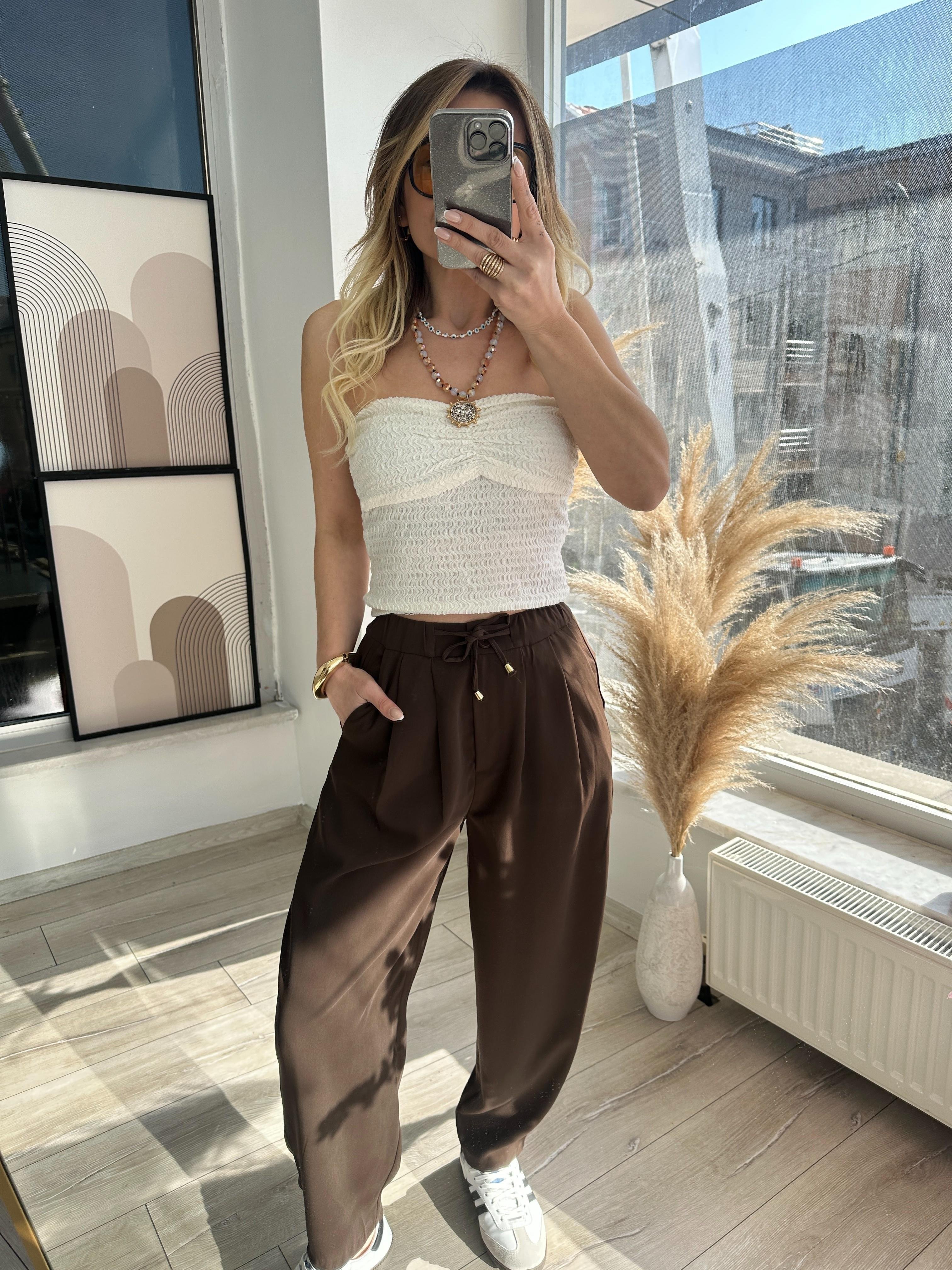 Kahve Pilili Beli Latikli Pantolon 