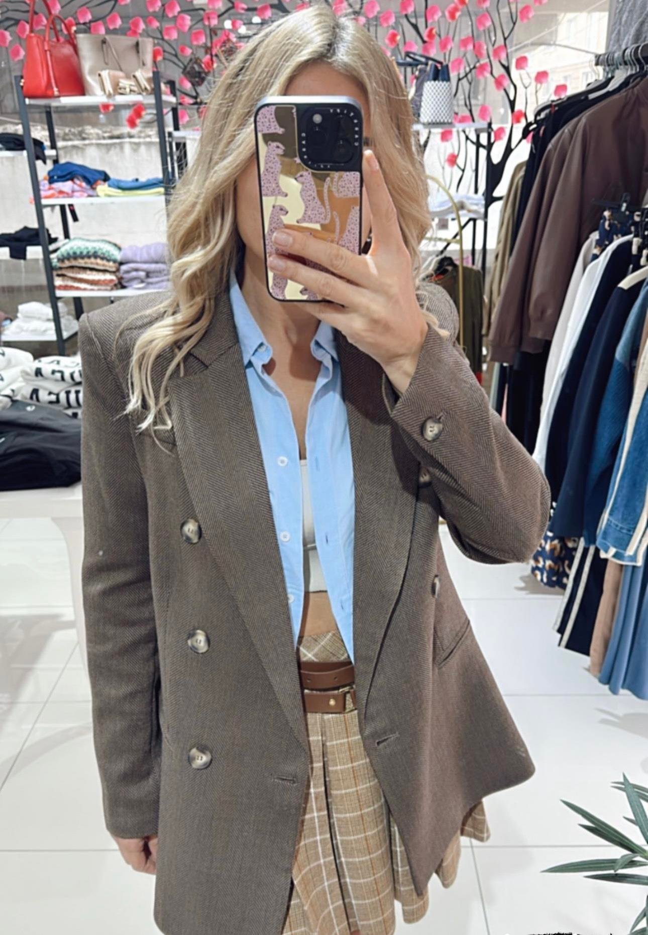 Kahverengi Ekose Desen Blazer