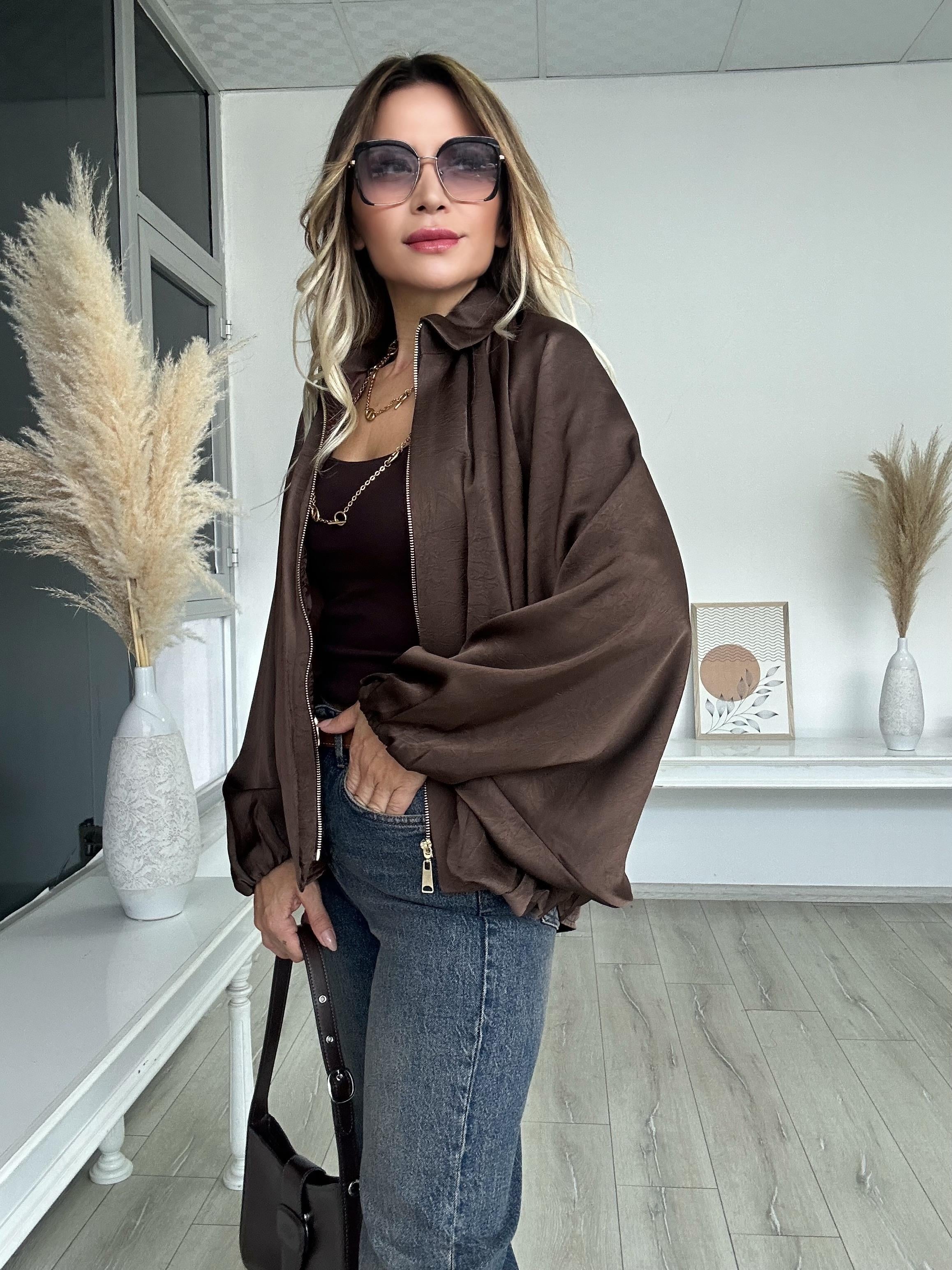 Kahverengi Saten Bomber Ceket 