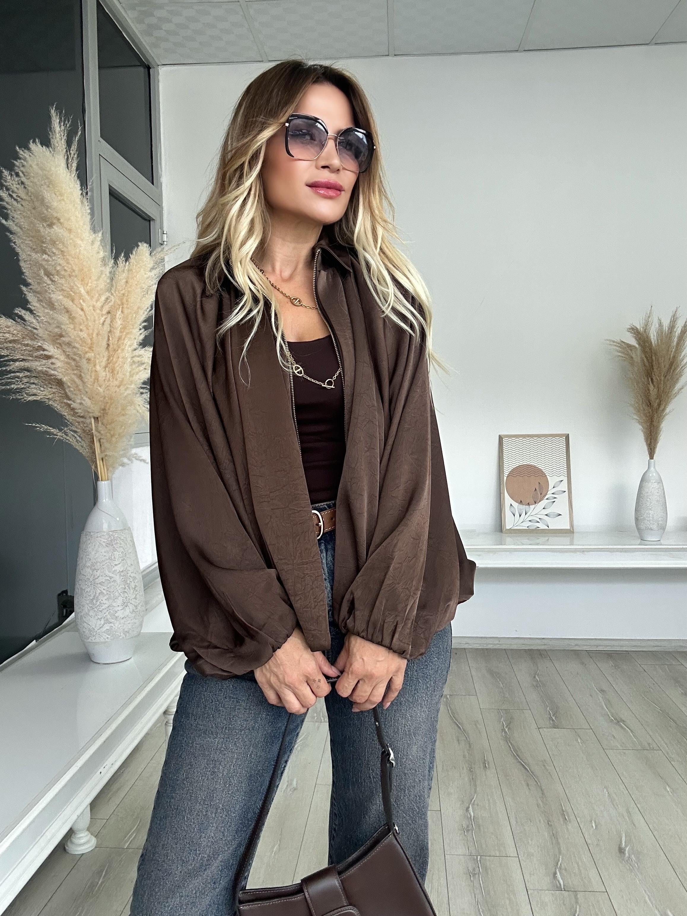 Kahverengi Saten Bomber Ceket 