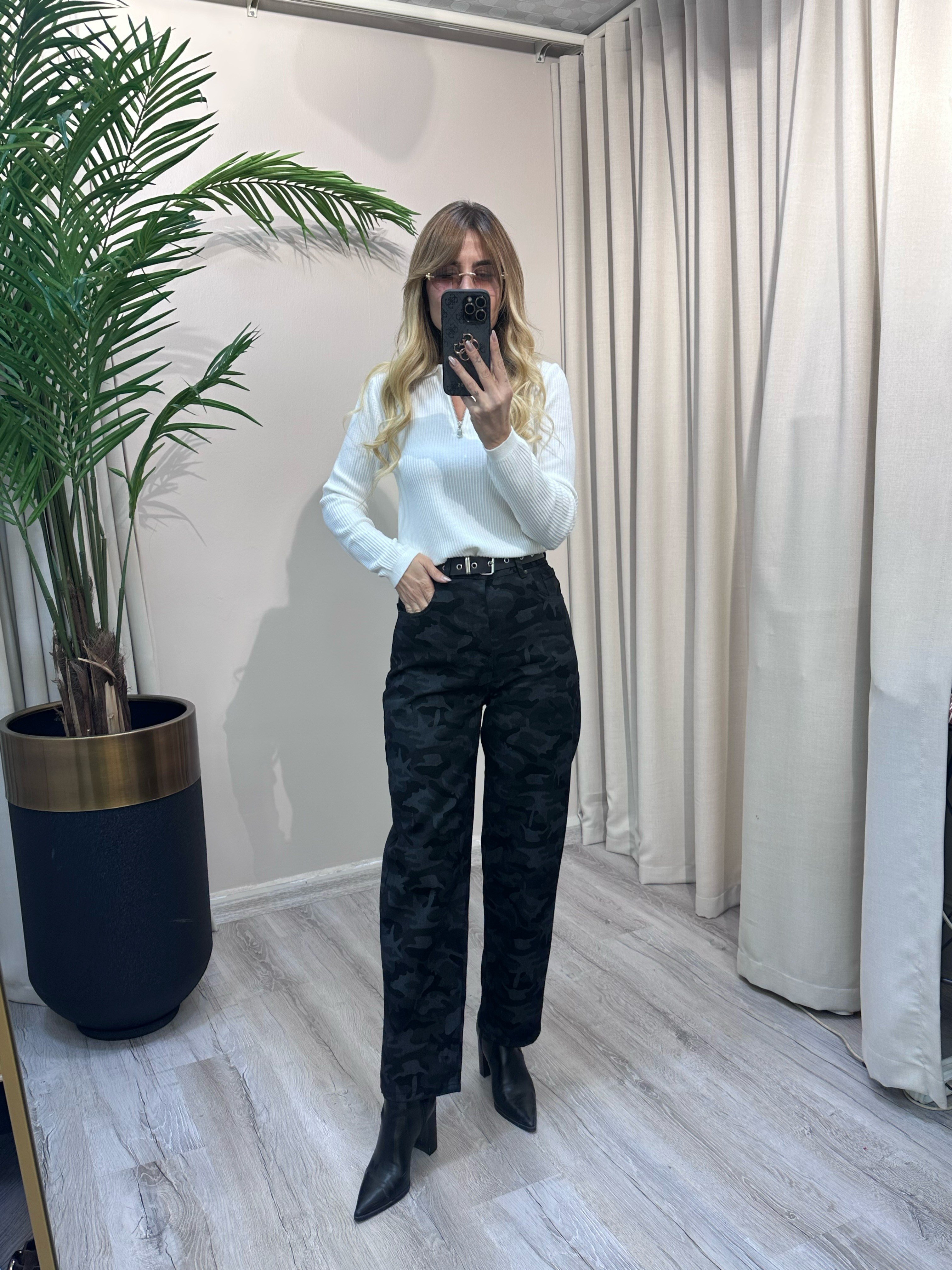 Kendinden Kemerli Kamuflaj Desenli Pantalon