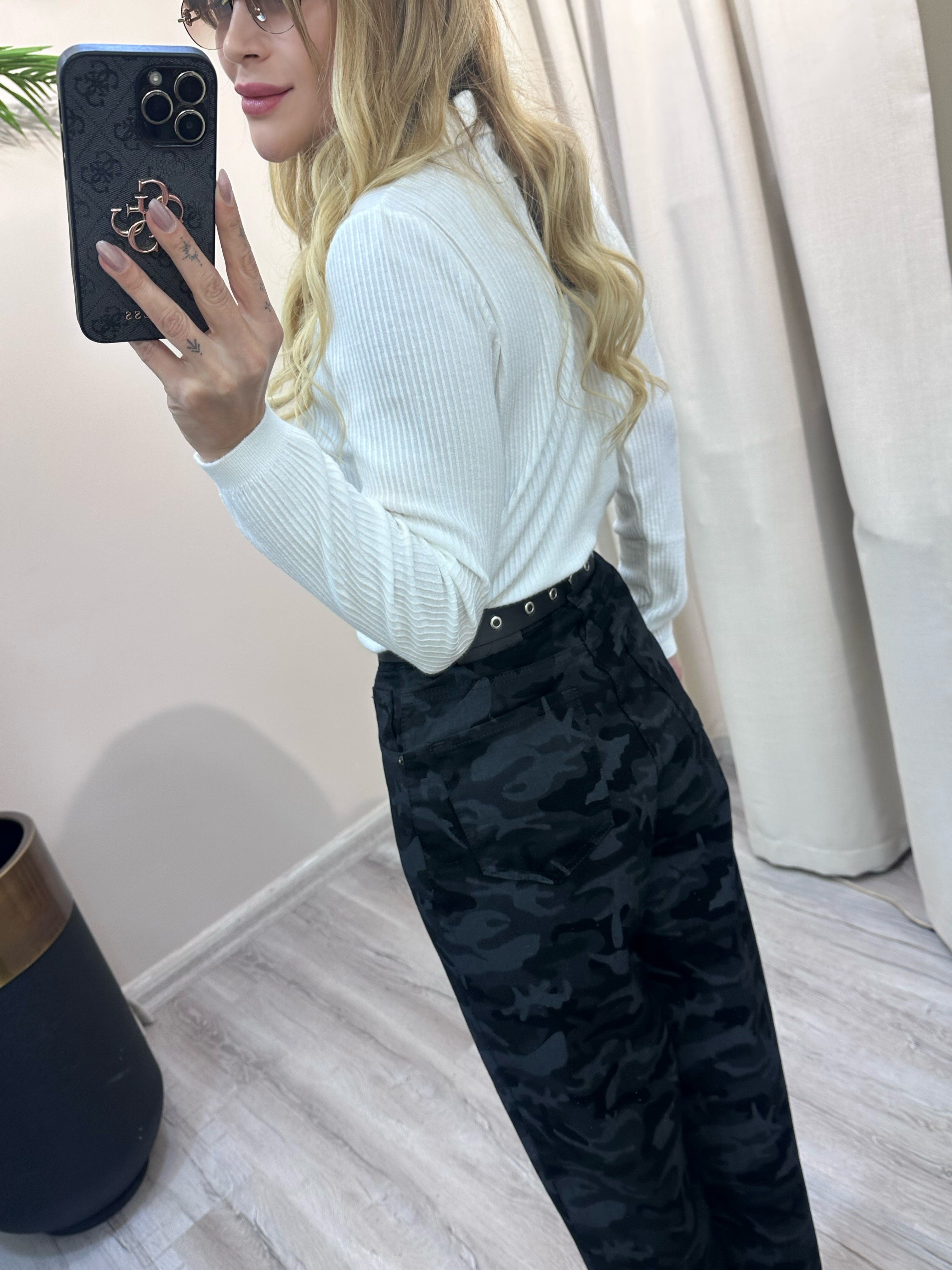 Kendinden Kemerli Kamuflaj Desenli Pantalon