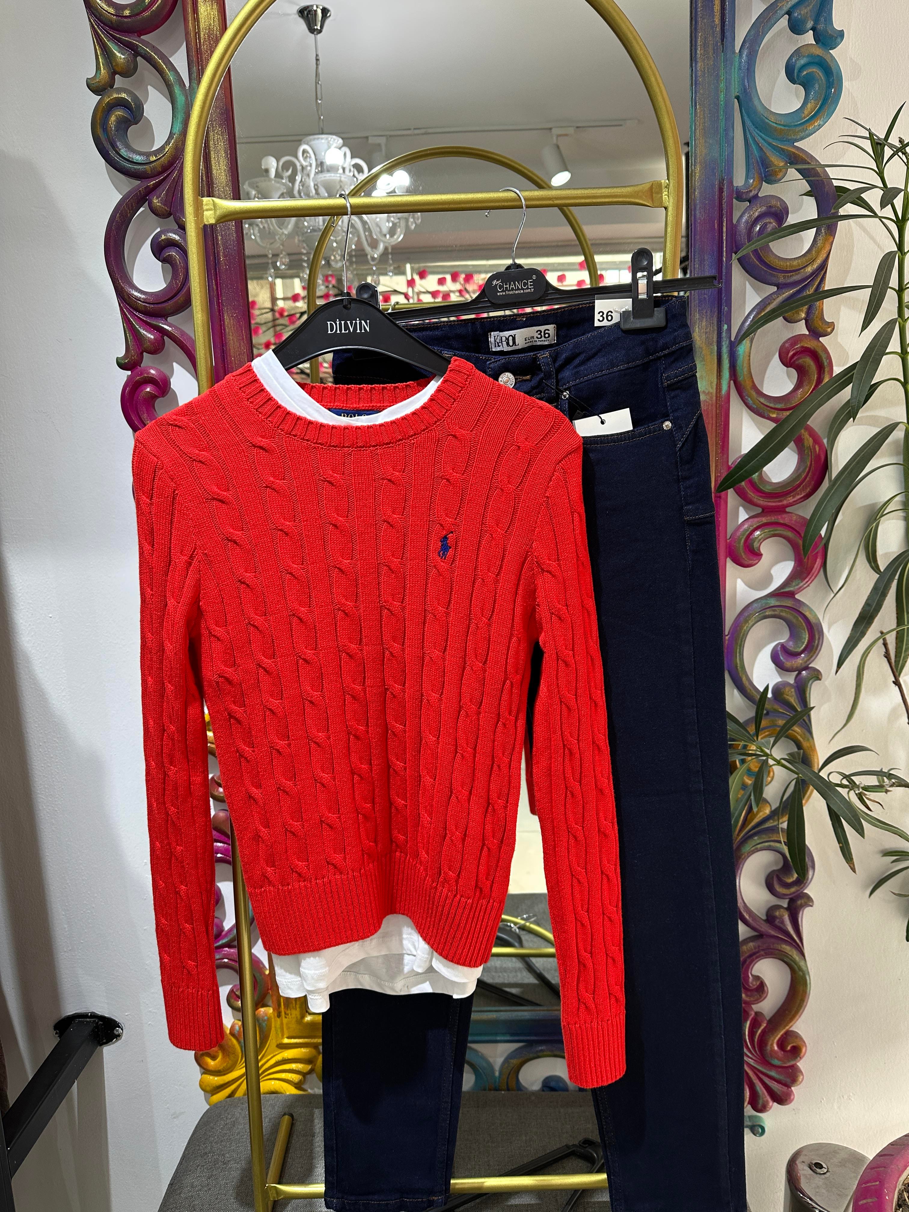 Kırmızı Örme Triko Kazak