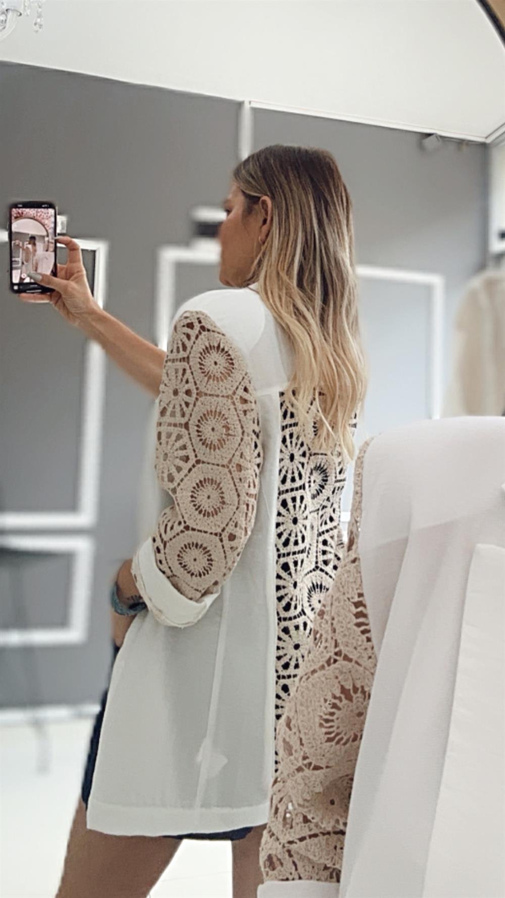 KLN Beyaz Örgü Detay Blazer Ceket