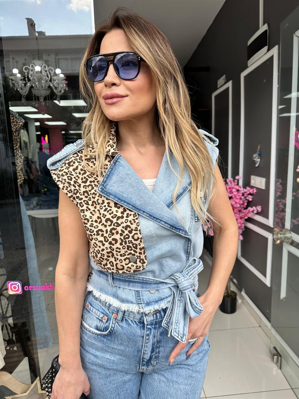 KLN Mavi Kot Leopar Detay Yelek