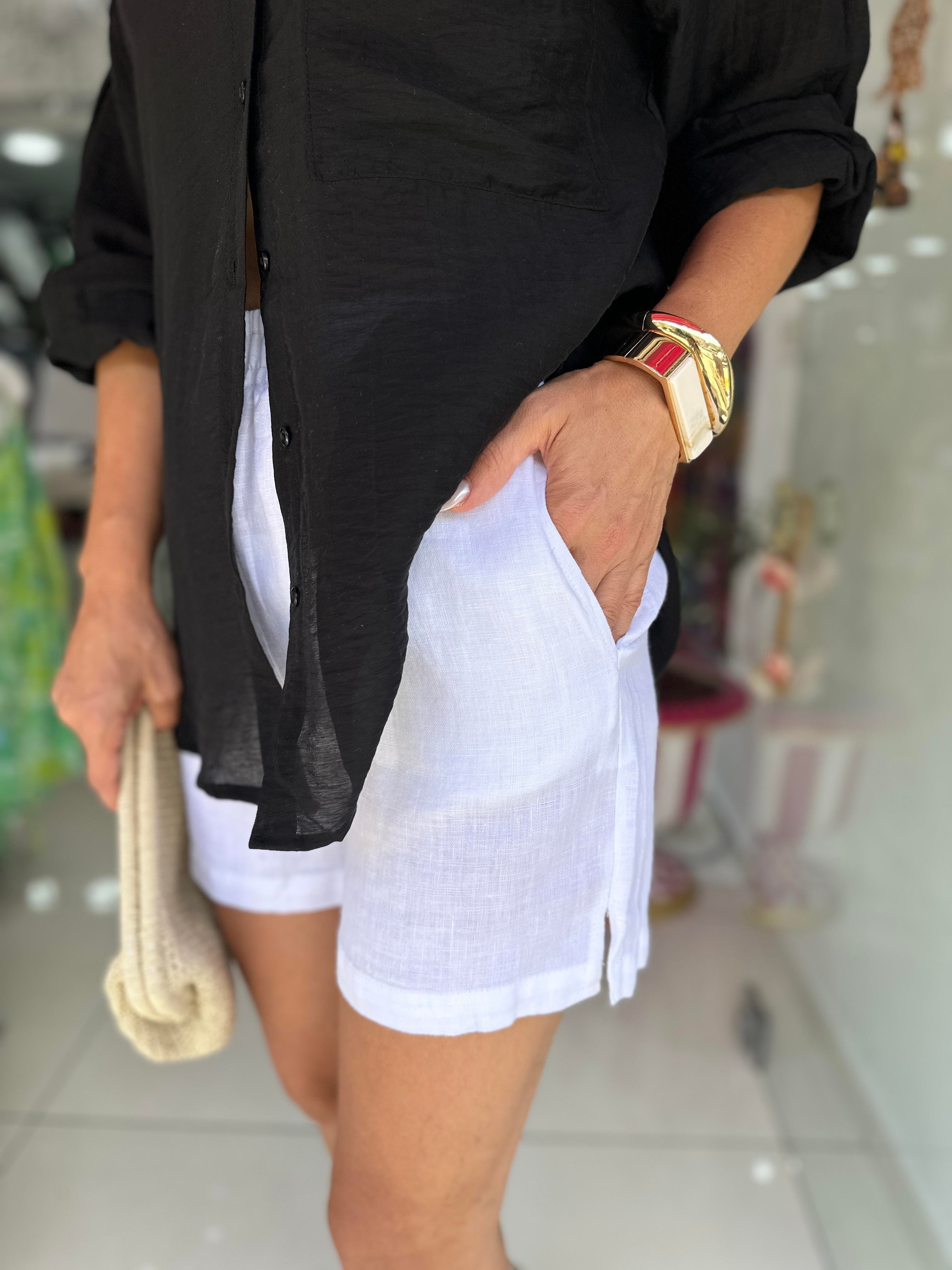 KR Beyaz Beli Lastikli Keten Şort 