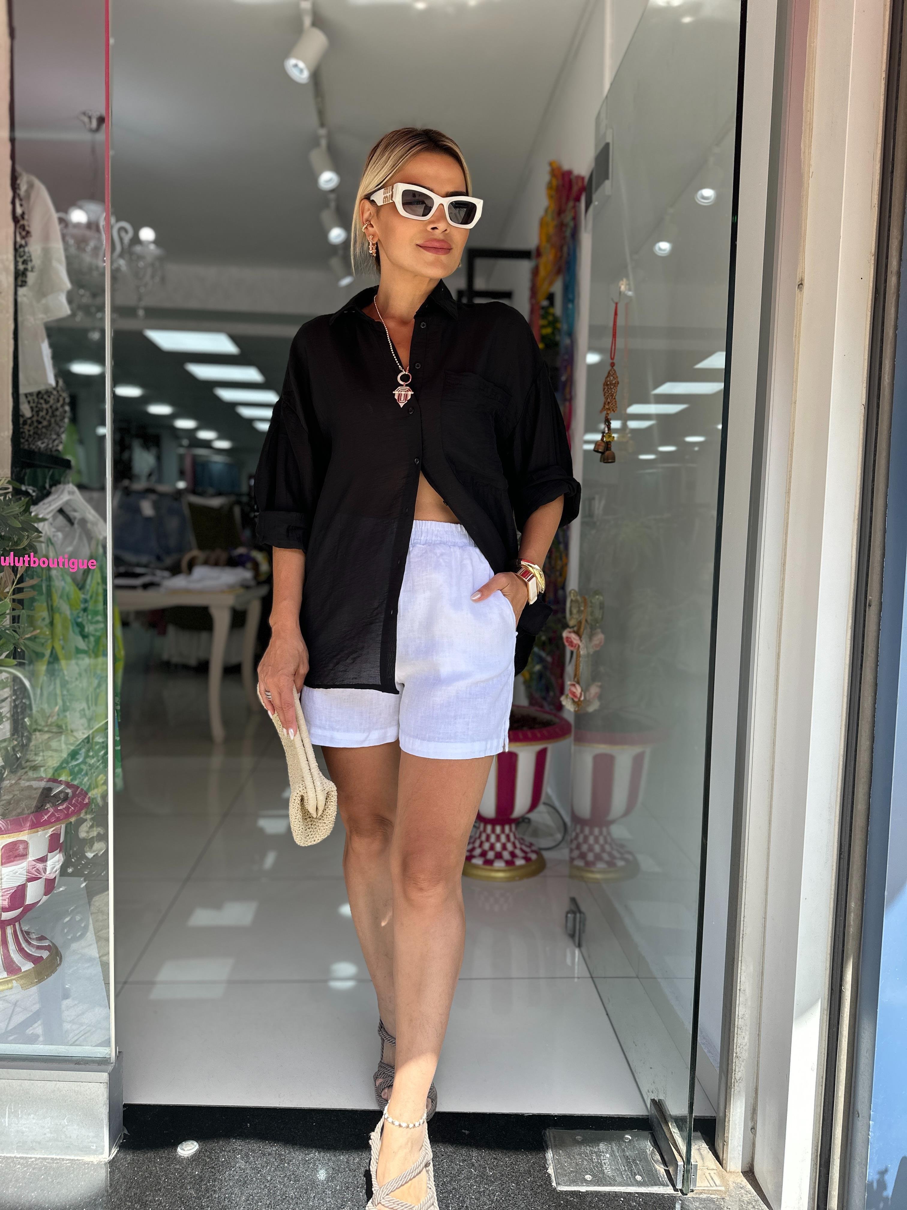 KR Beyaz Beli Lastikli Keten Şort 