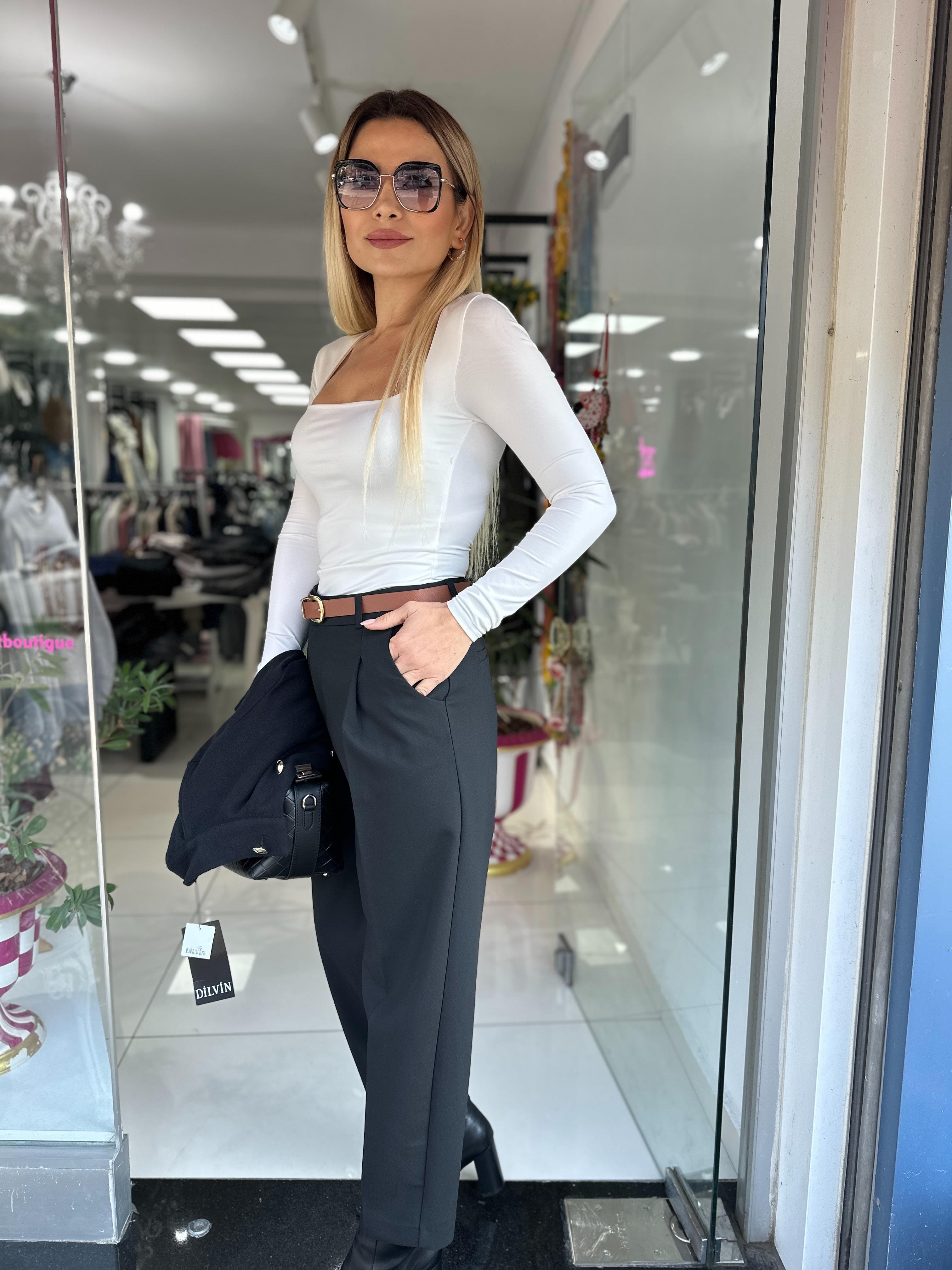 KR Kemerli Siyah Kumaş Pantolon 