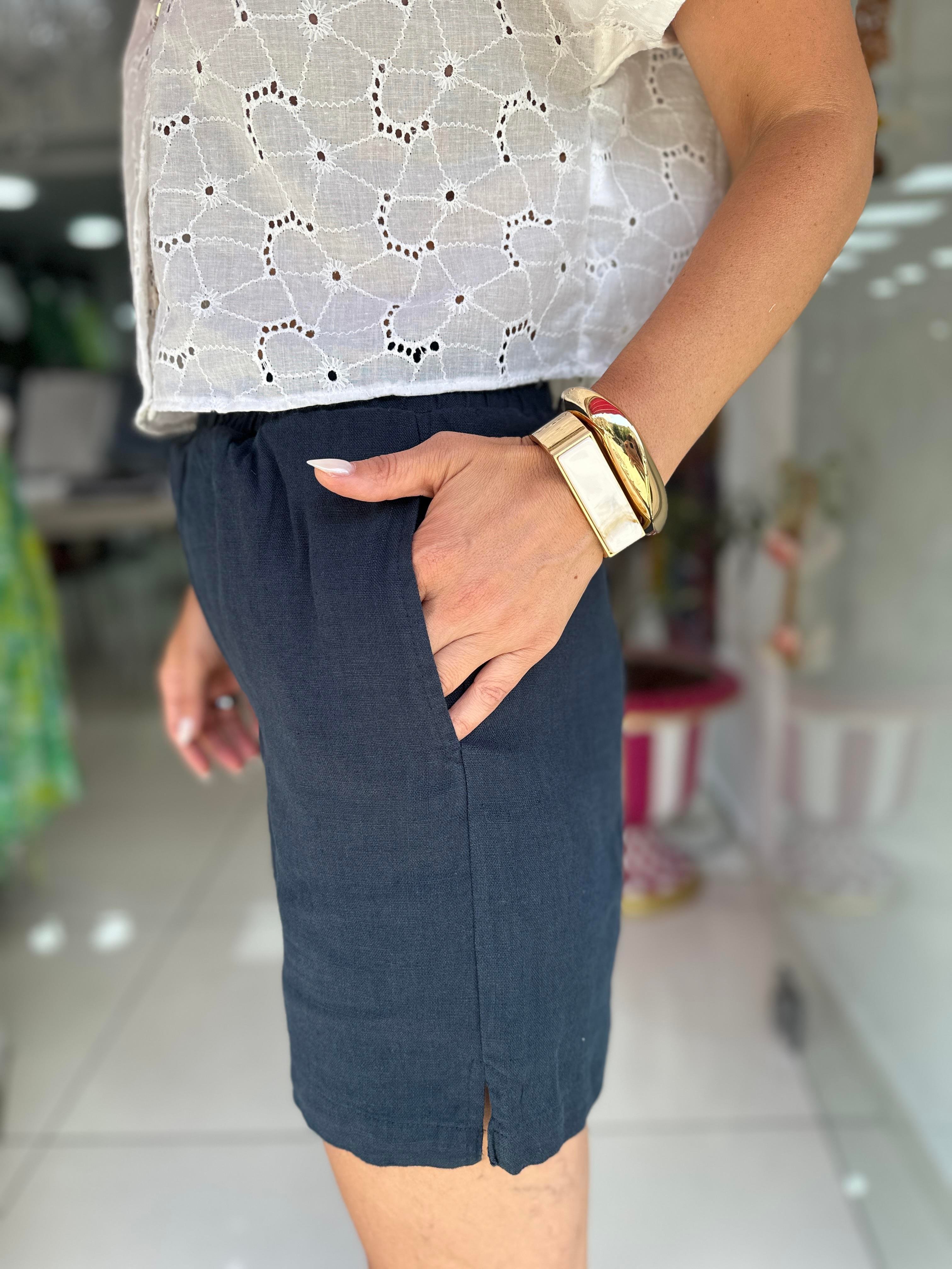 KR Lacivert Beli Lastikli Keten Şort