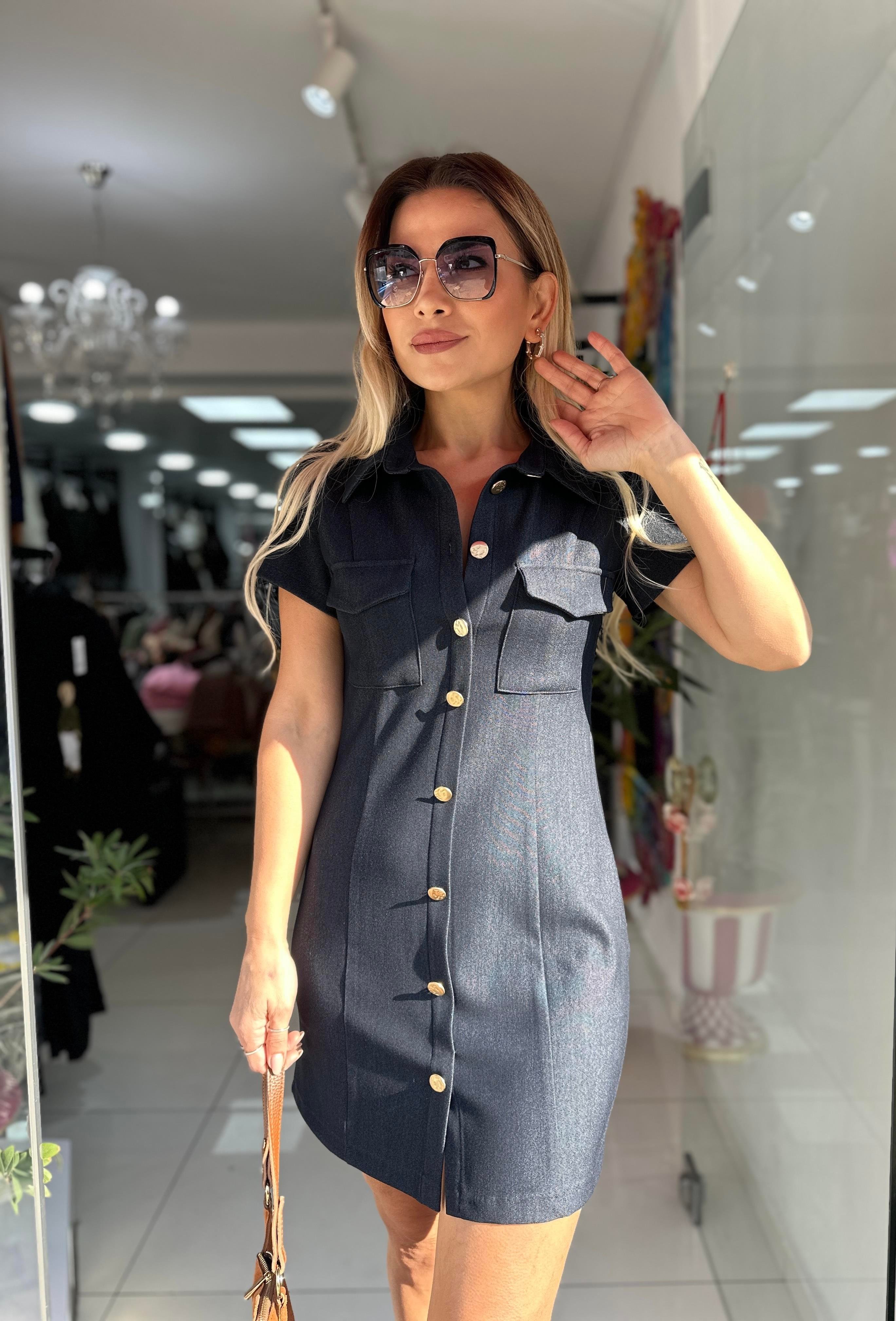 Lacivert Altın Düğmeli Kısa Elbise 