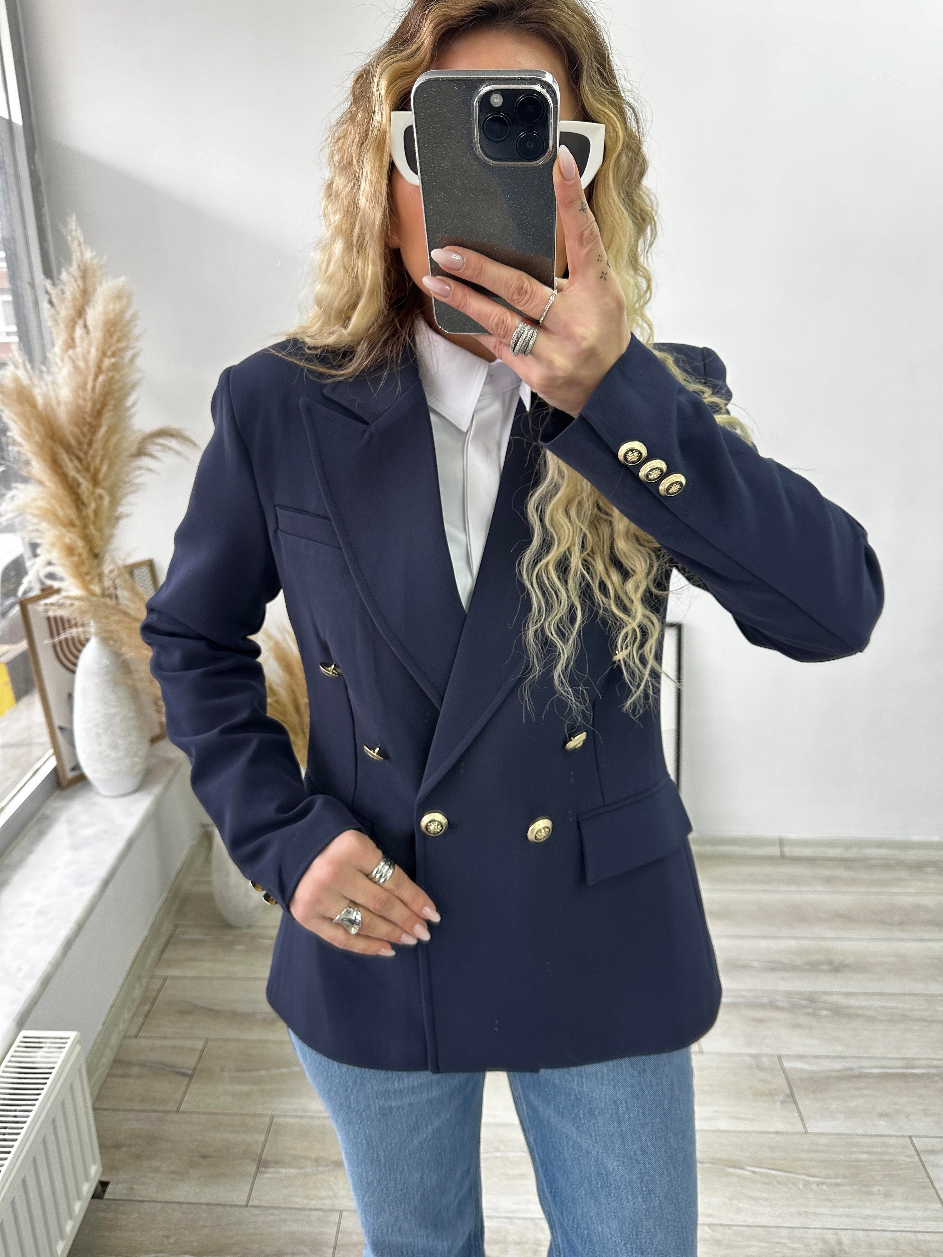 Lacivert Astarlı Gold Düğmeli Blazer