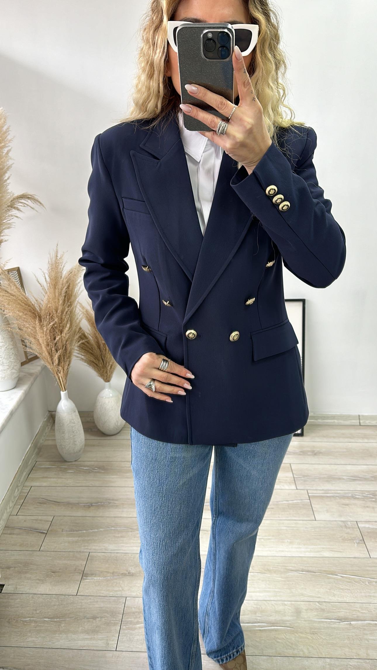 Lacivert Astarlı Gold Düğmeli Blazer