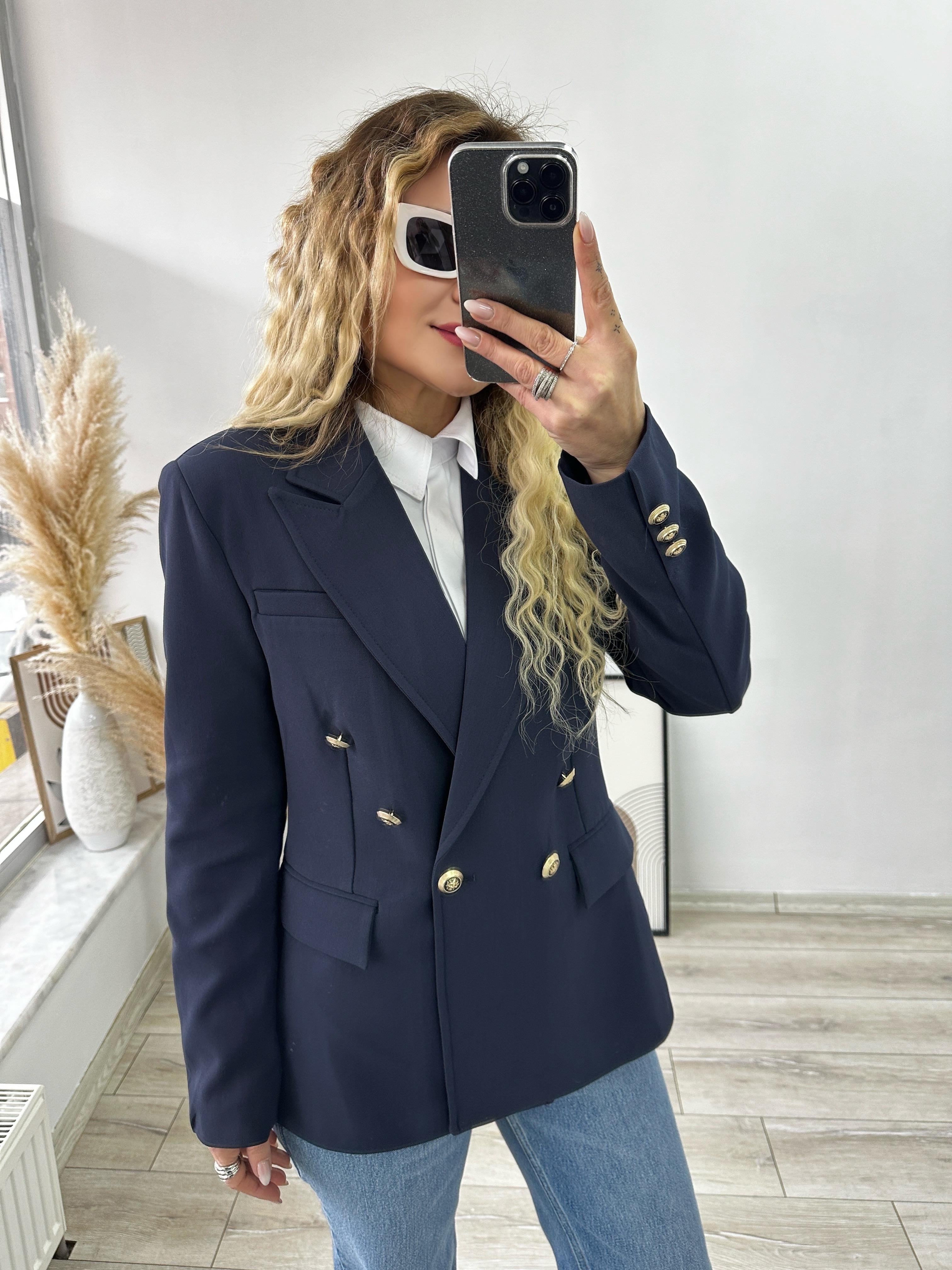Lacivert Astarlı Gold Düğmeli Blazer