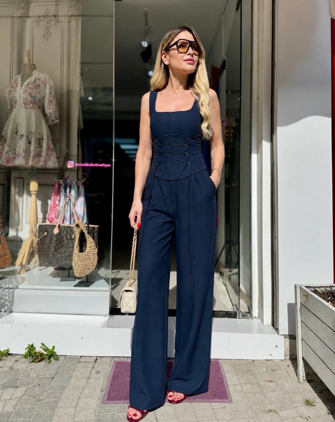 Lacivert Bağcıklı Korse Bluz Pantolon Takım 