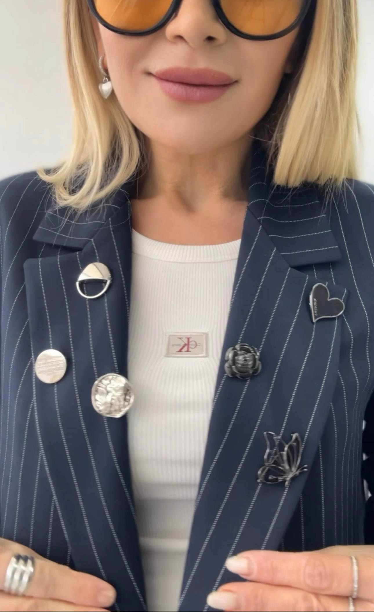 Lacivert Çizgili Aksesuar Detaylı Tasarım Ceket 