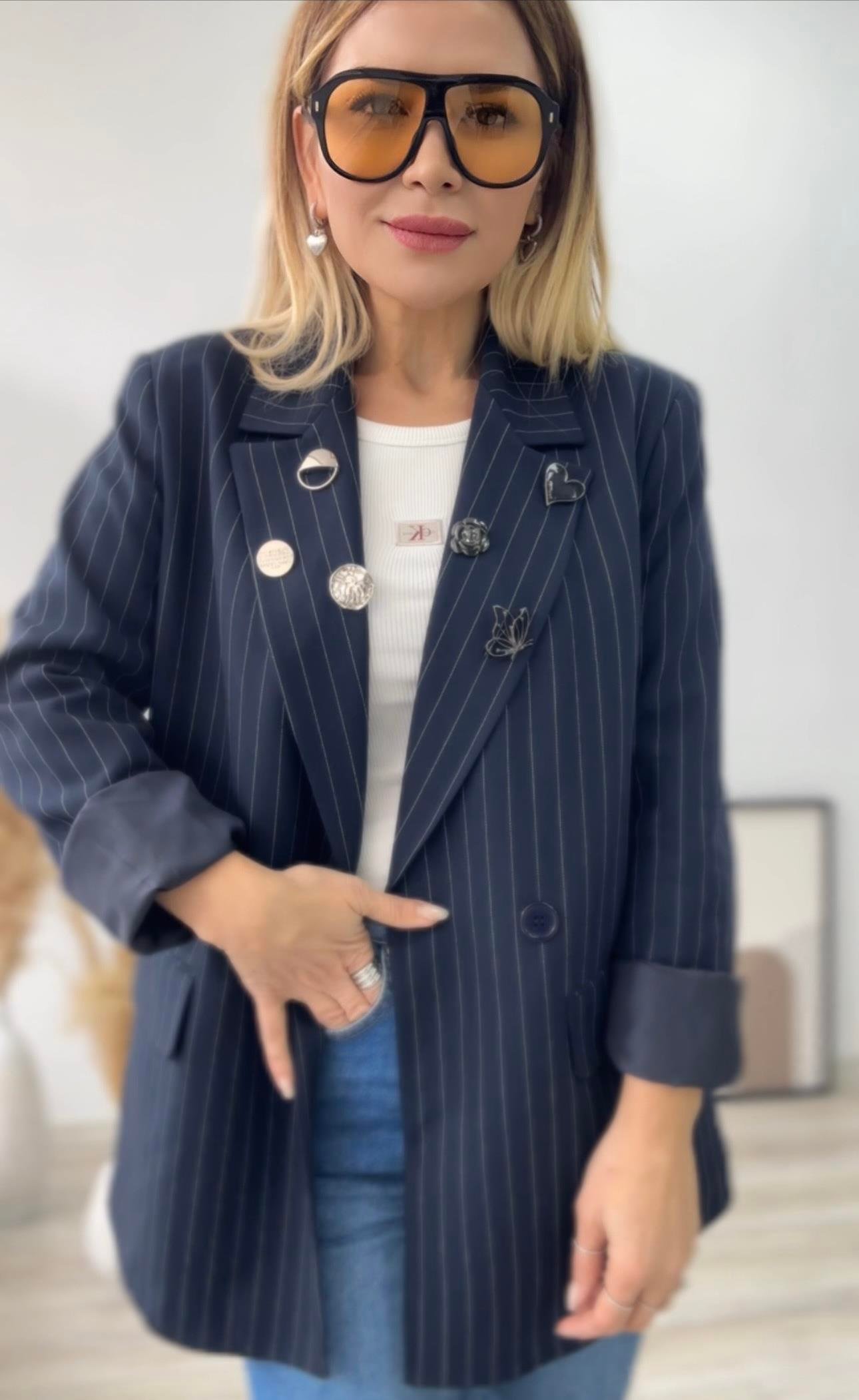 Lacivert Çizgili Aksesuar Detaylı Tasarım Ceket 