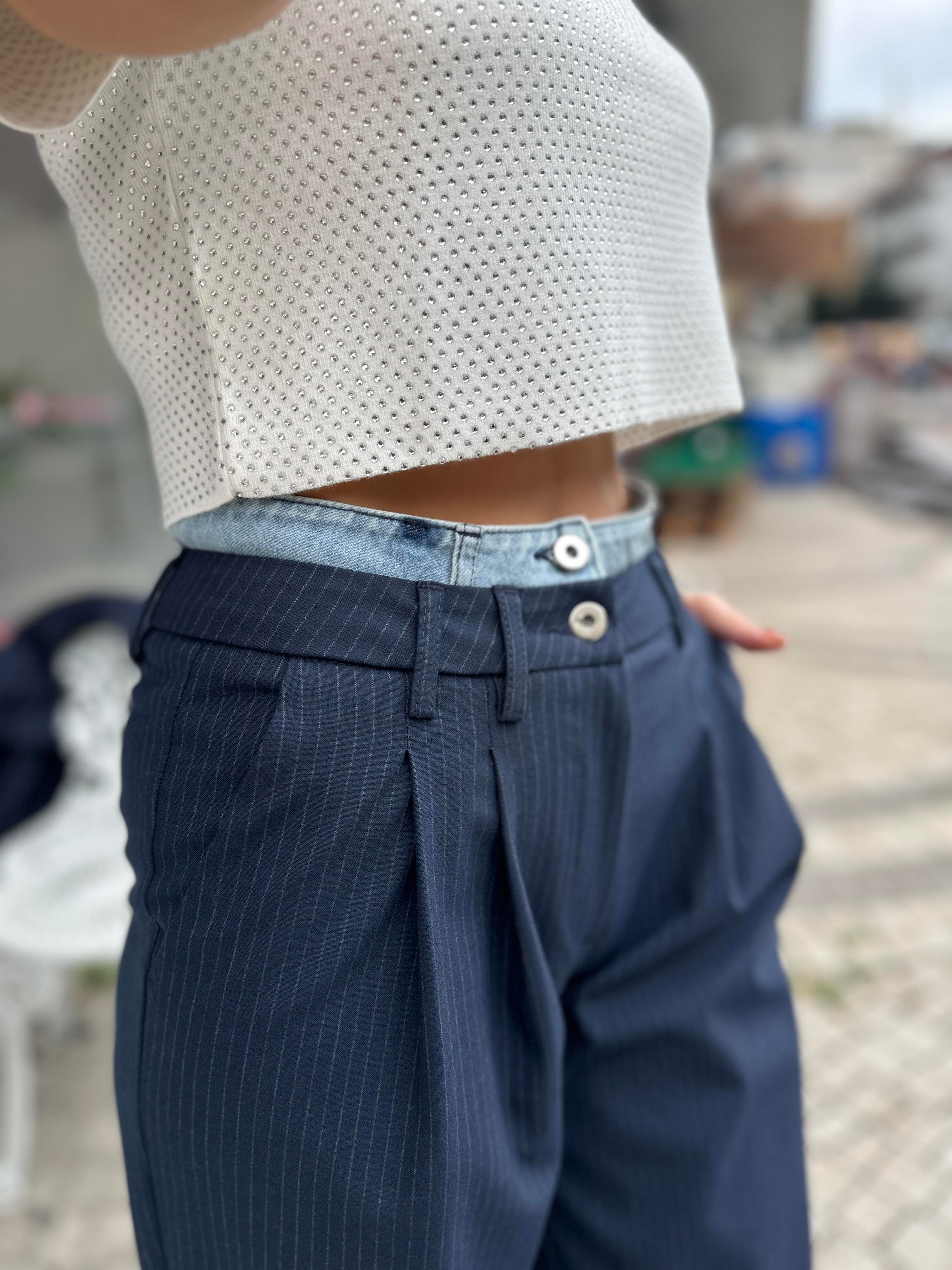 Lacivert Denim Bel Detay Pantolon