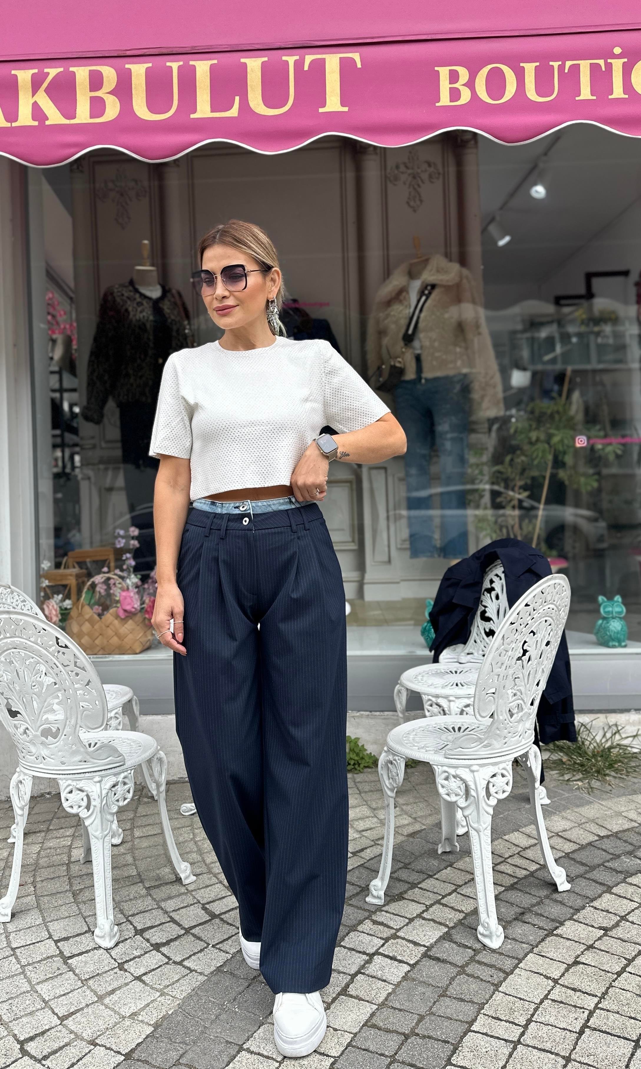 Lacivert Denim Bel Detay Pantolon