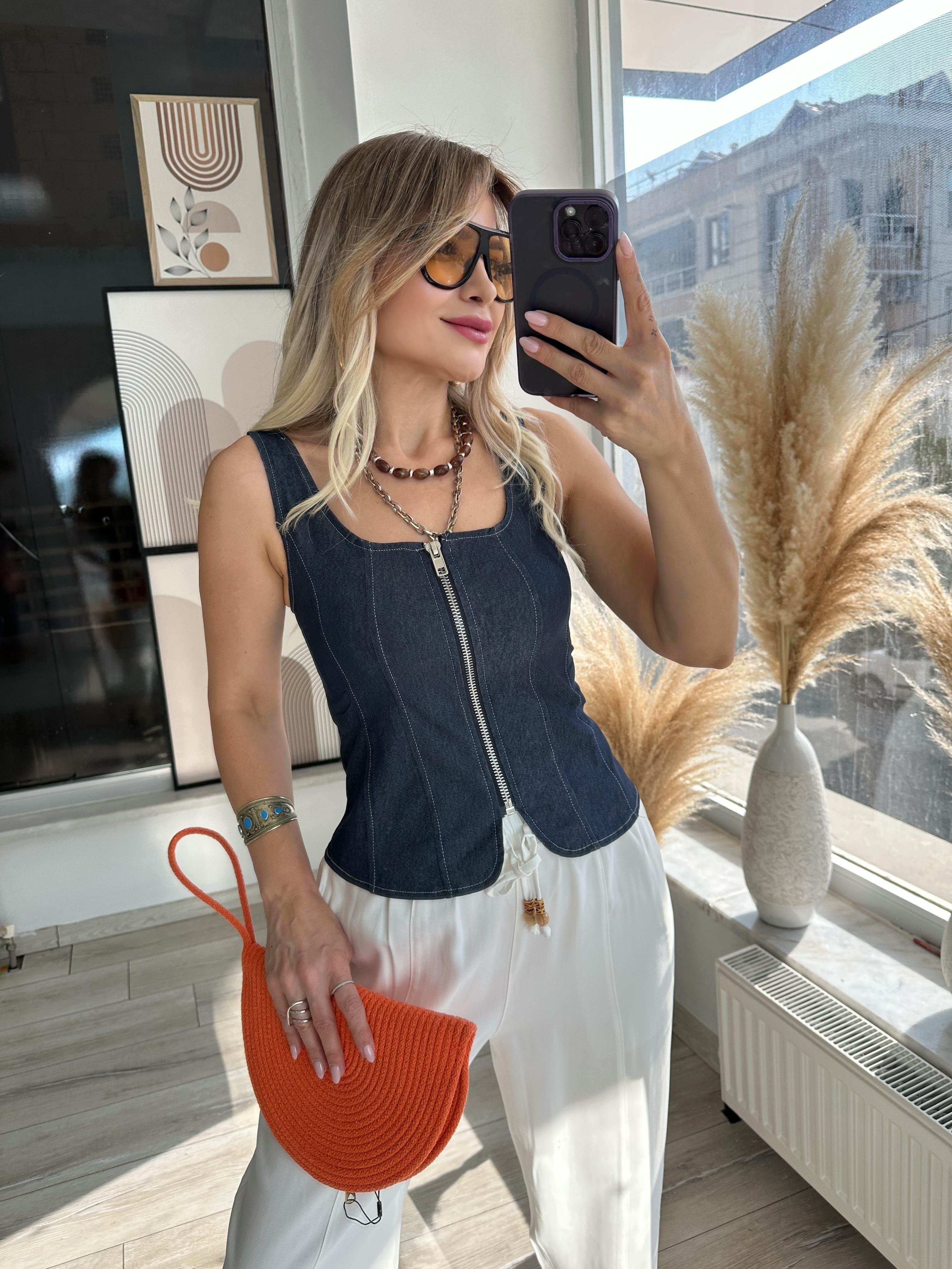 Lacivert Denim Fermuarlı Yelek