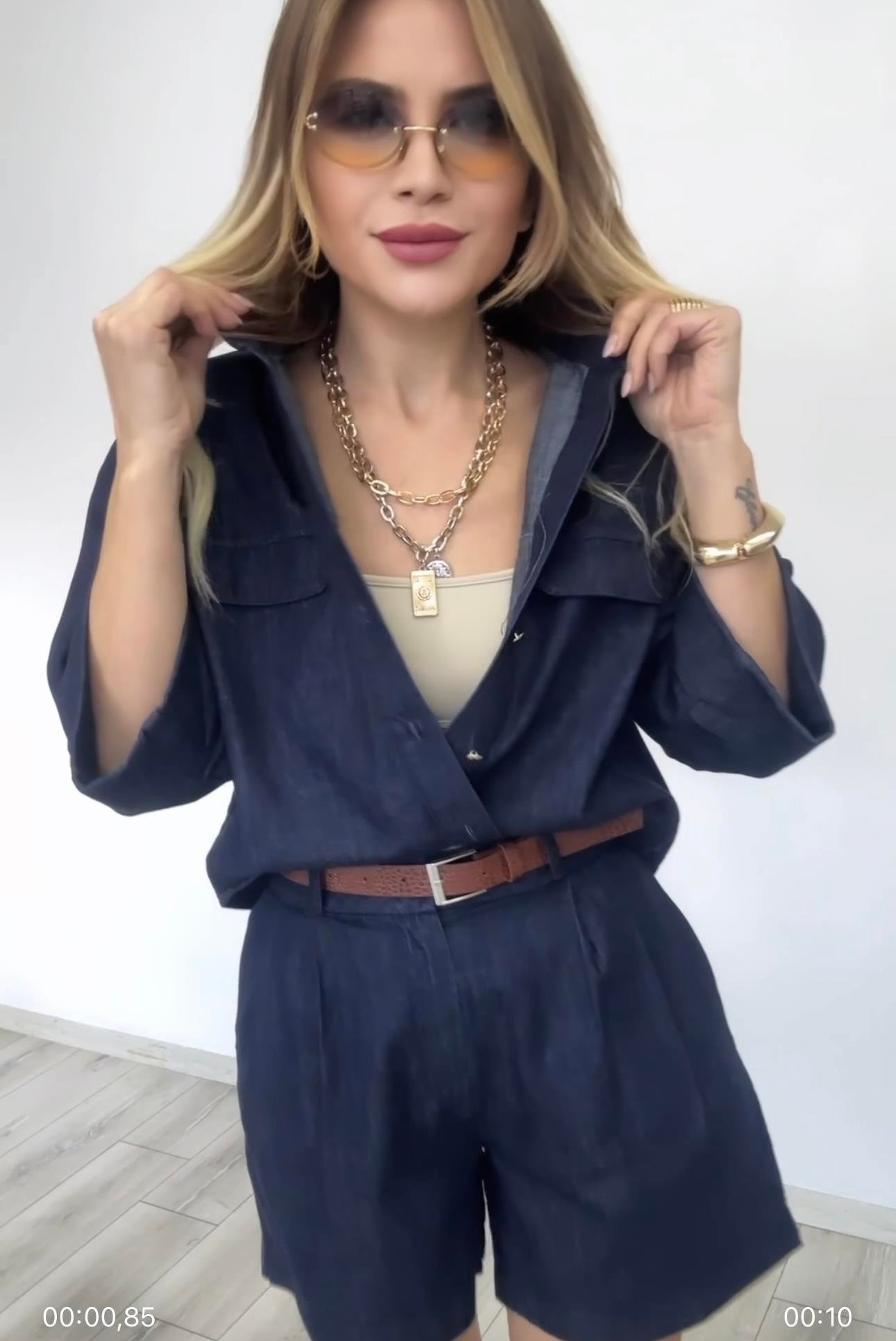 Lacivert Denim Gömlek Şort Takım