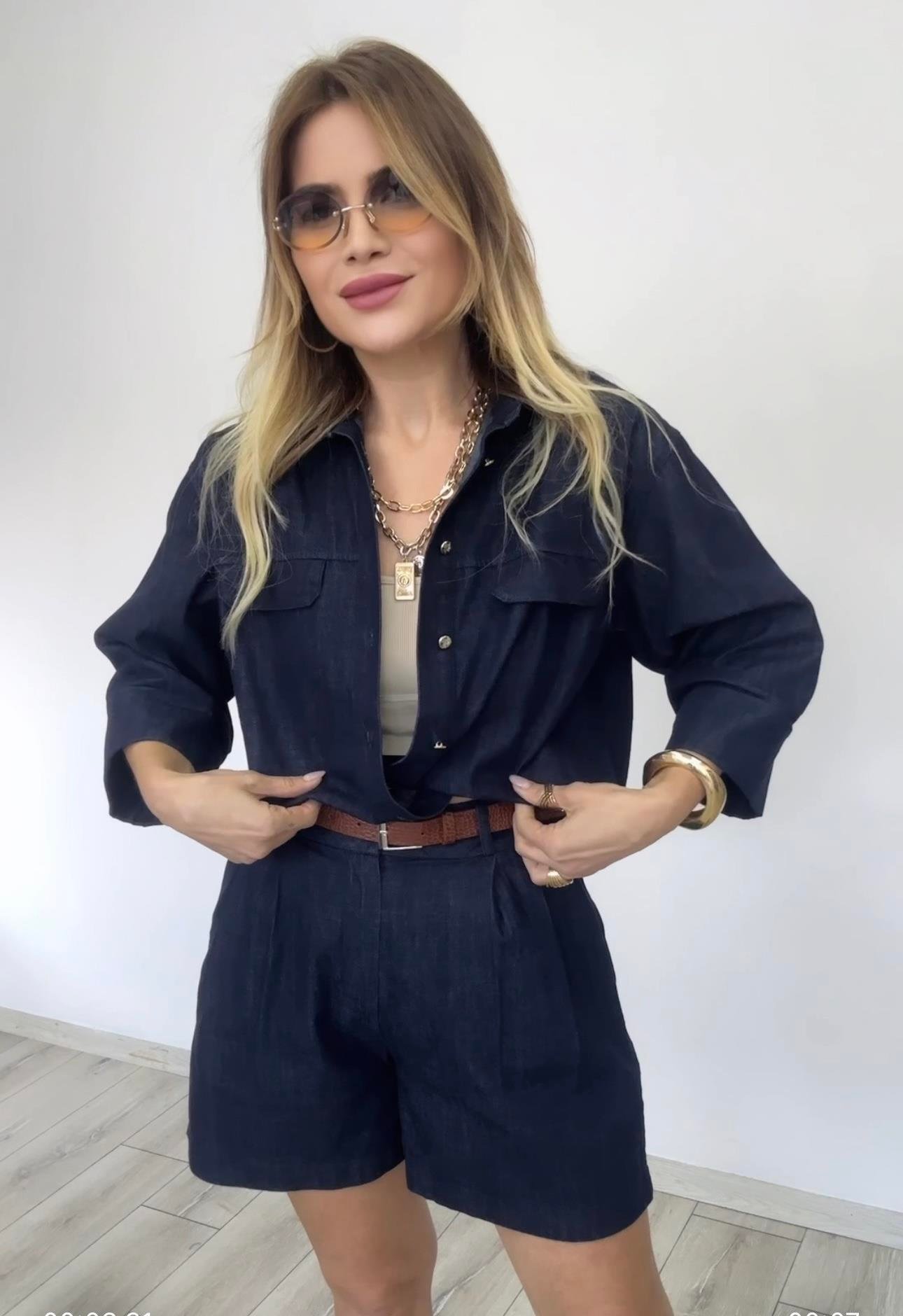 Lacivert Denim Gömlek Şort Takım