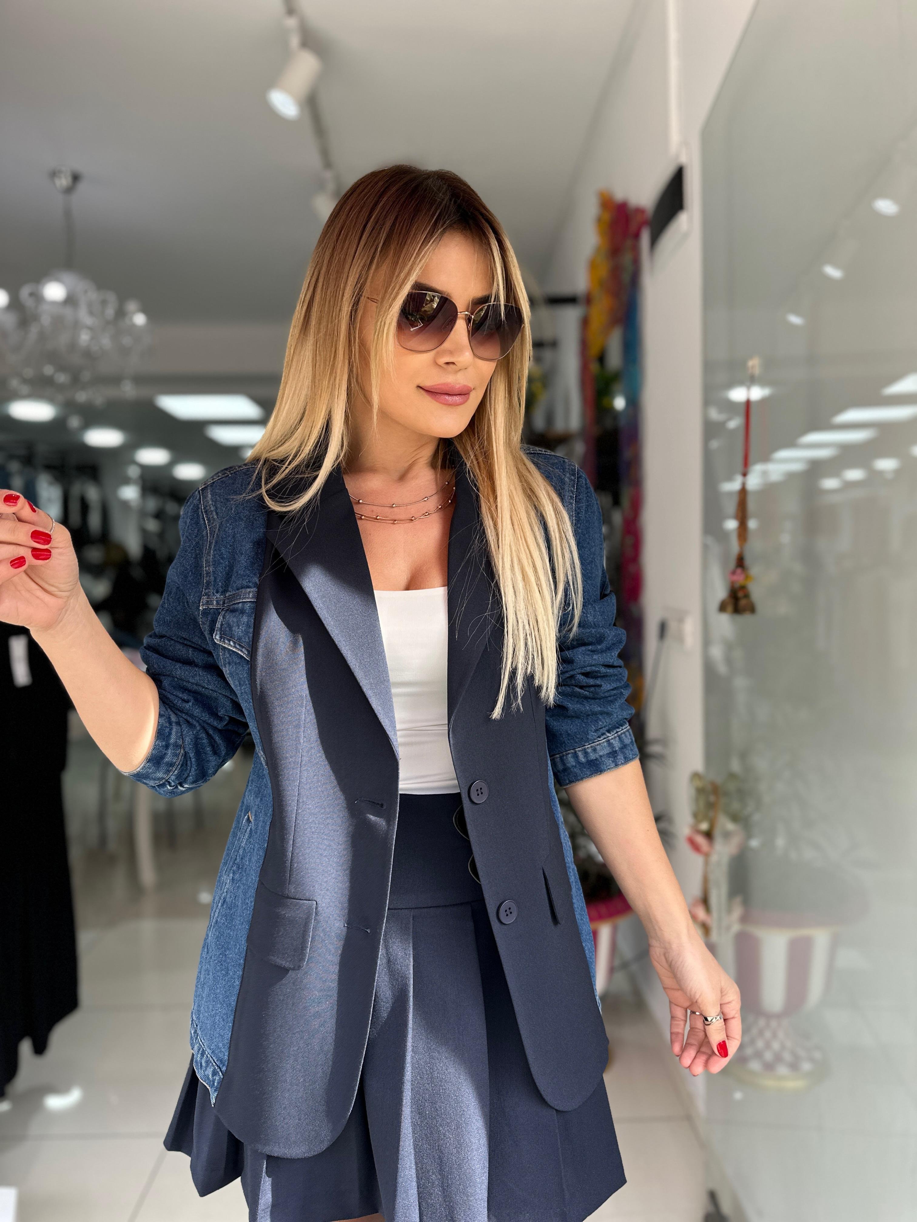 Lacivert Jean Detaylı Tasarım Blazer Ceket 