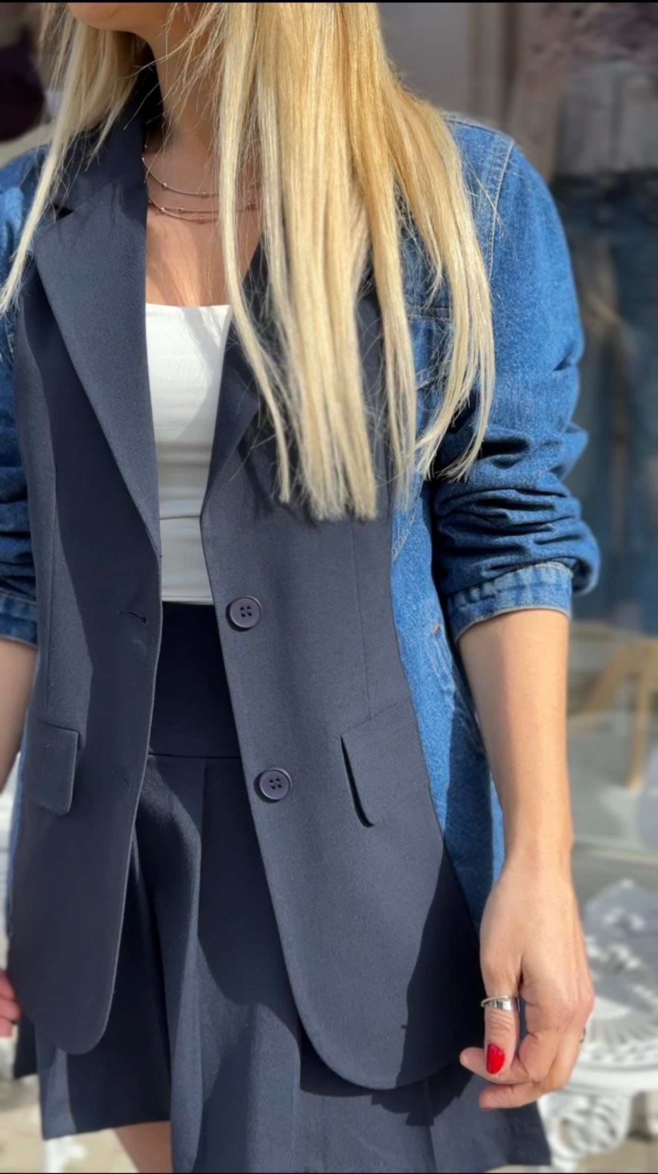 Lacivert Jean Detaylı Tasarım Blazer Ceket 