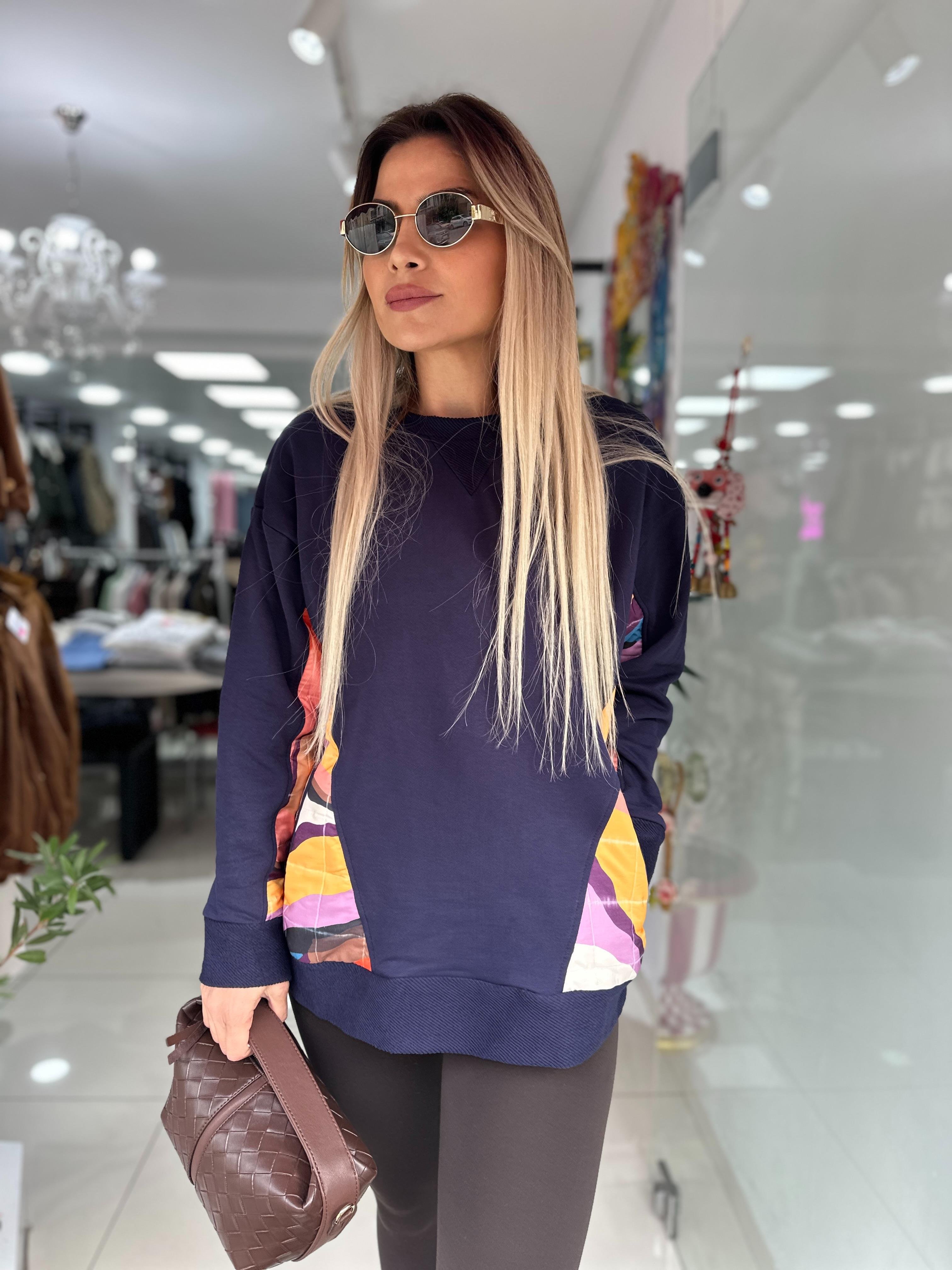 Lacivert Kapitone Detaylı Tasarım Sweat 