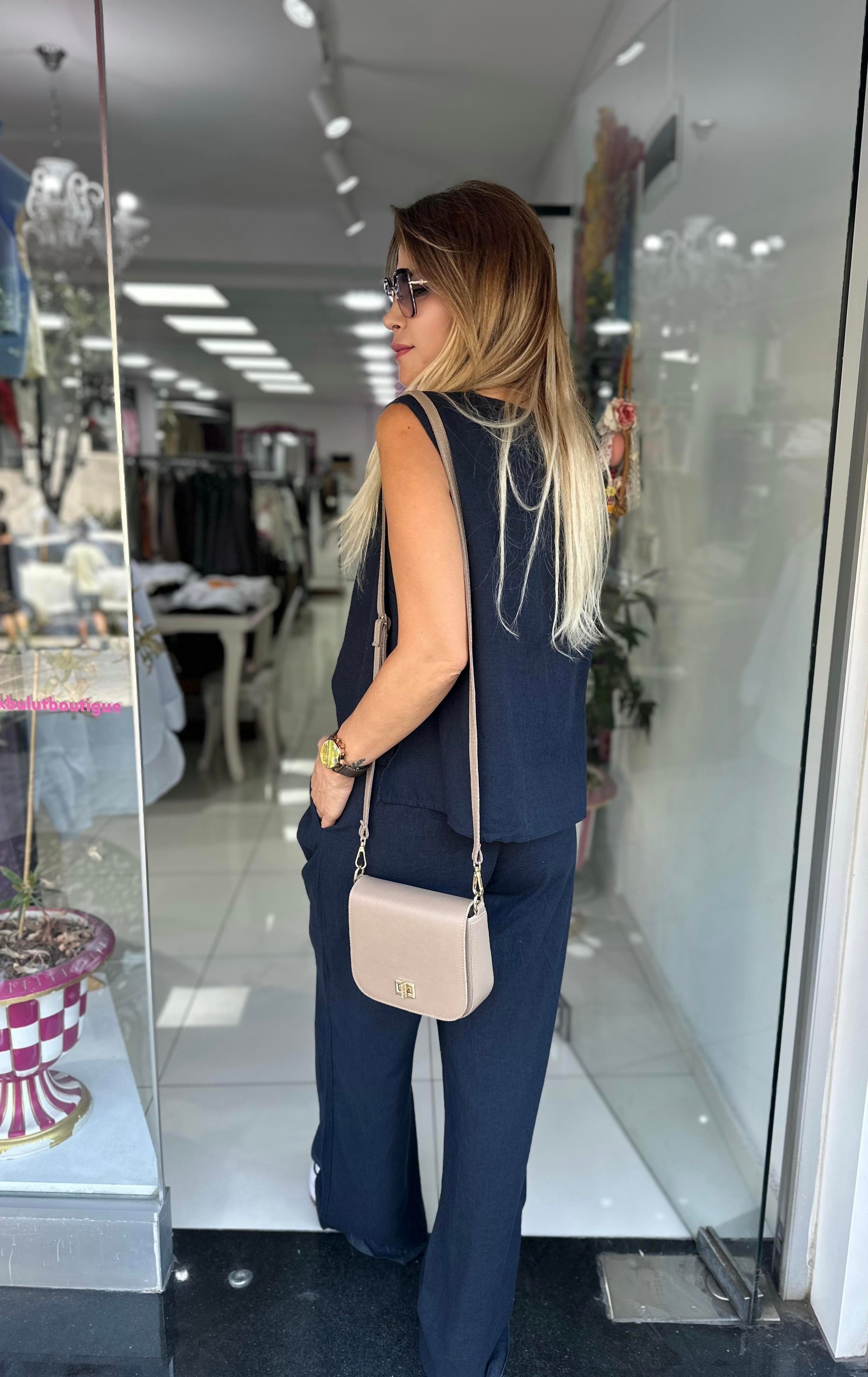 Lacivert Keten Bluz Pantolon Takım 