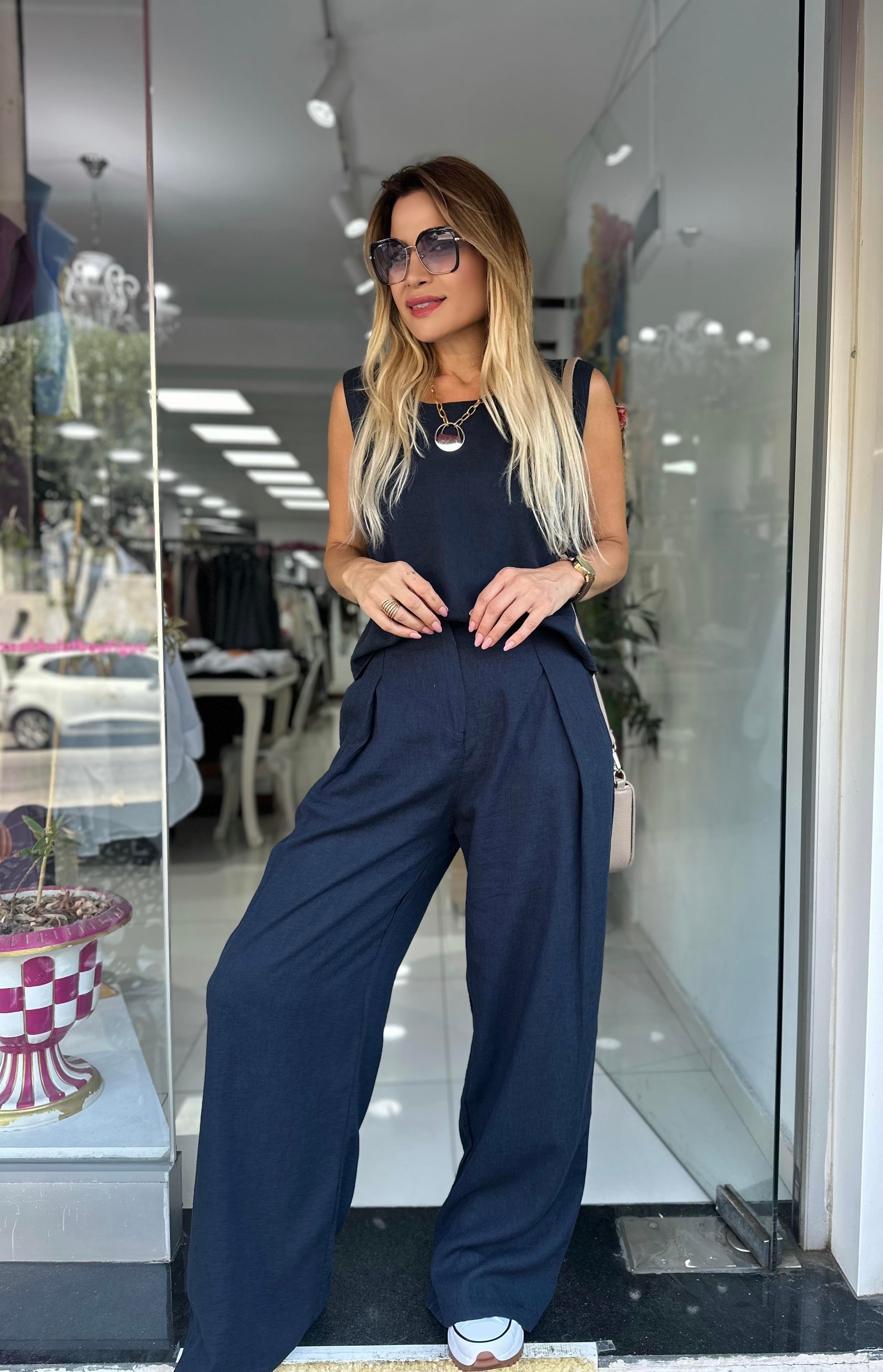 Lacivert Keten Bluz Pantolon Takım 