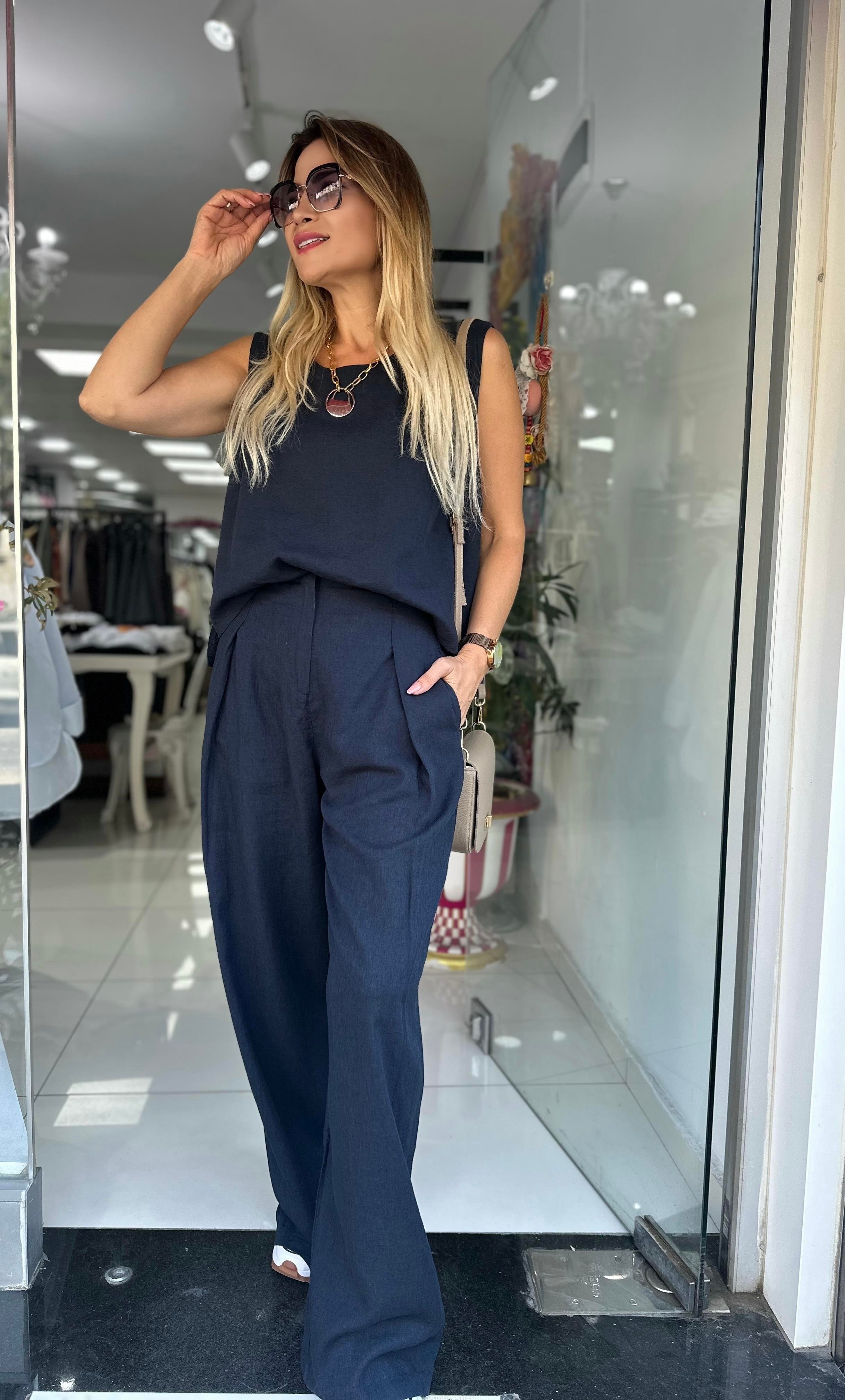 Lacivert Keten Bluz Pantolon Takım 