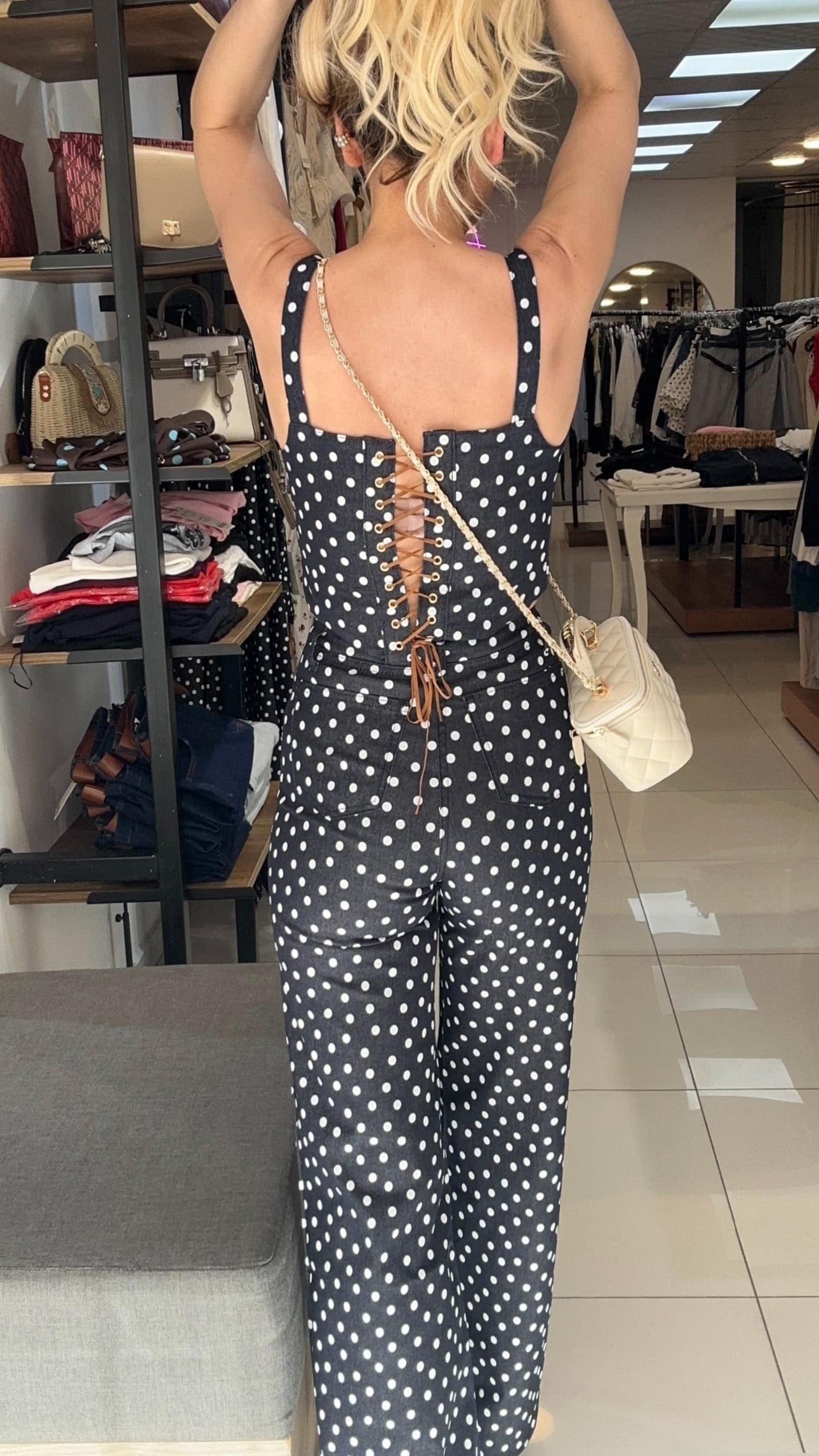 Lacivert Puantiye Desen Crop