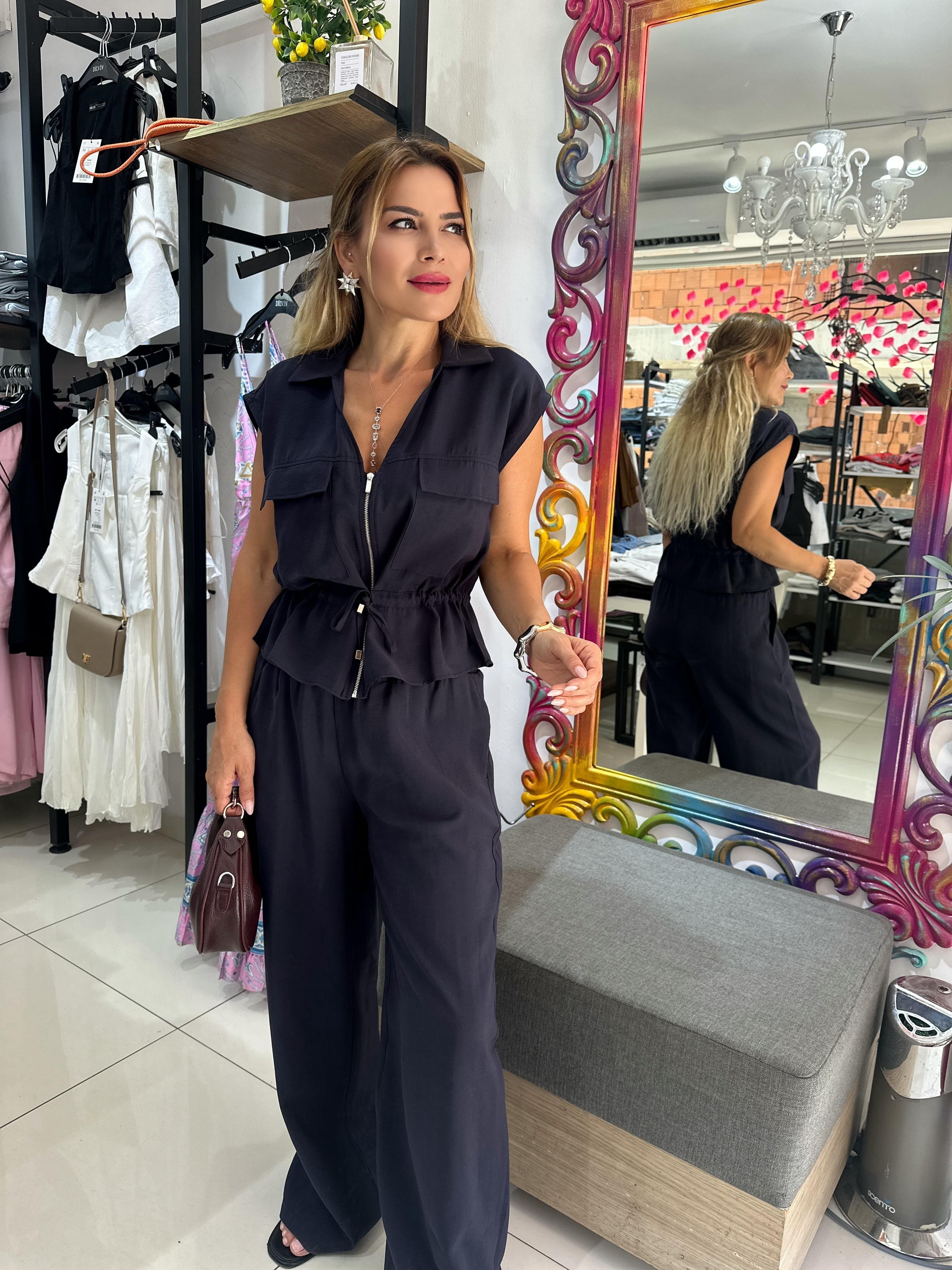 Lacivert Tensel Kumaş Beli Büzgülü Takım 