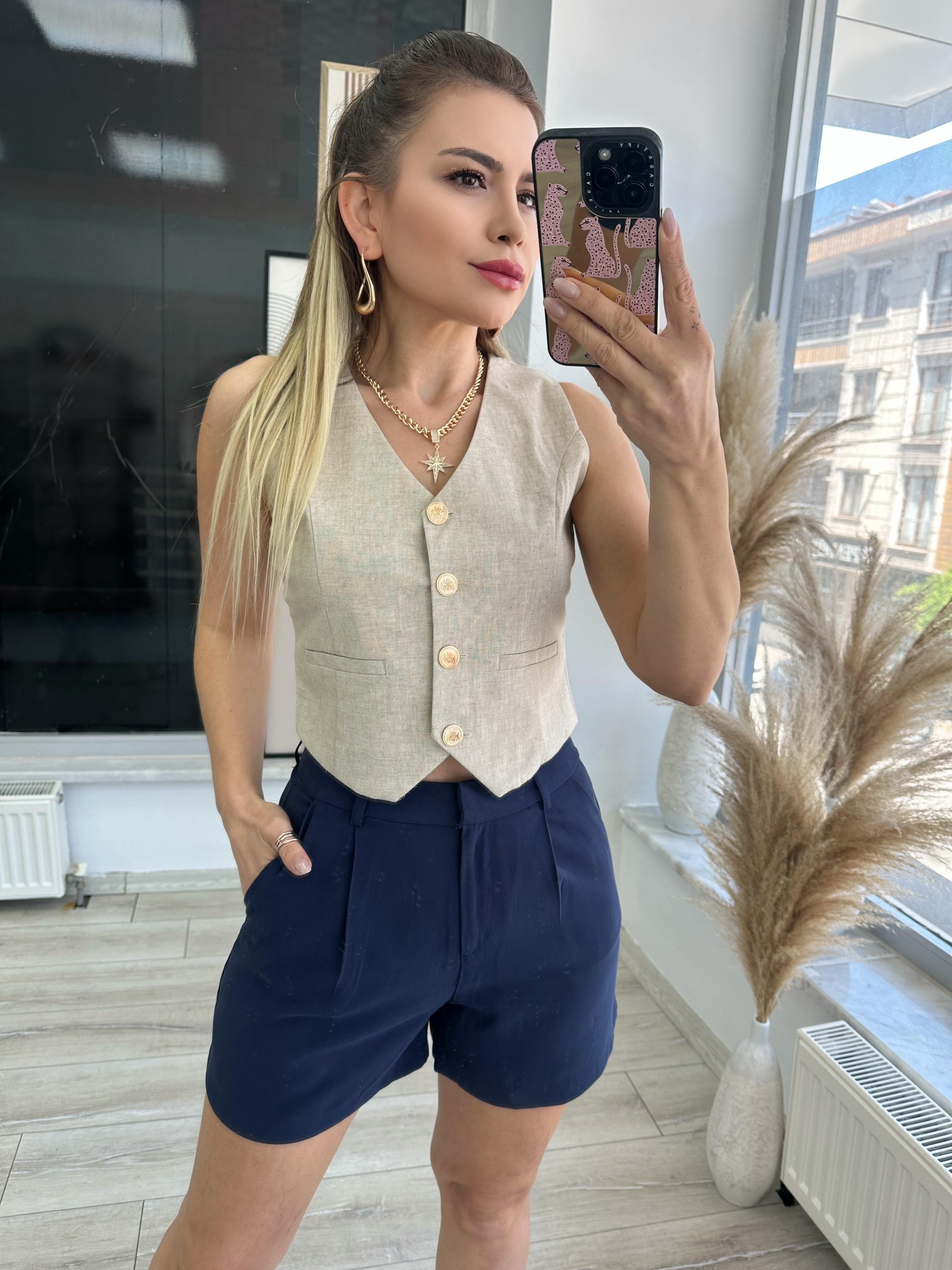 Lacivert Tensel Kumaş Şort