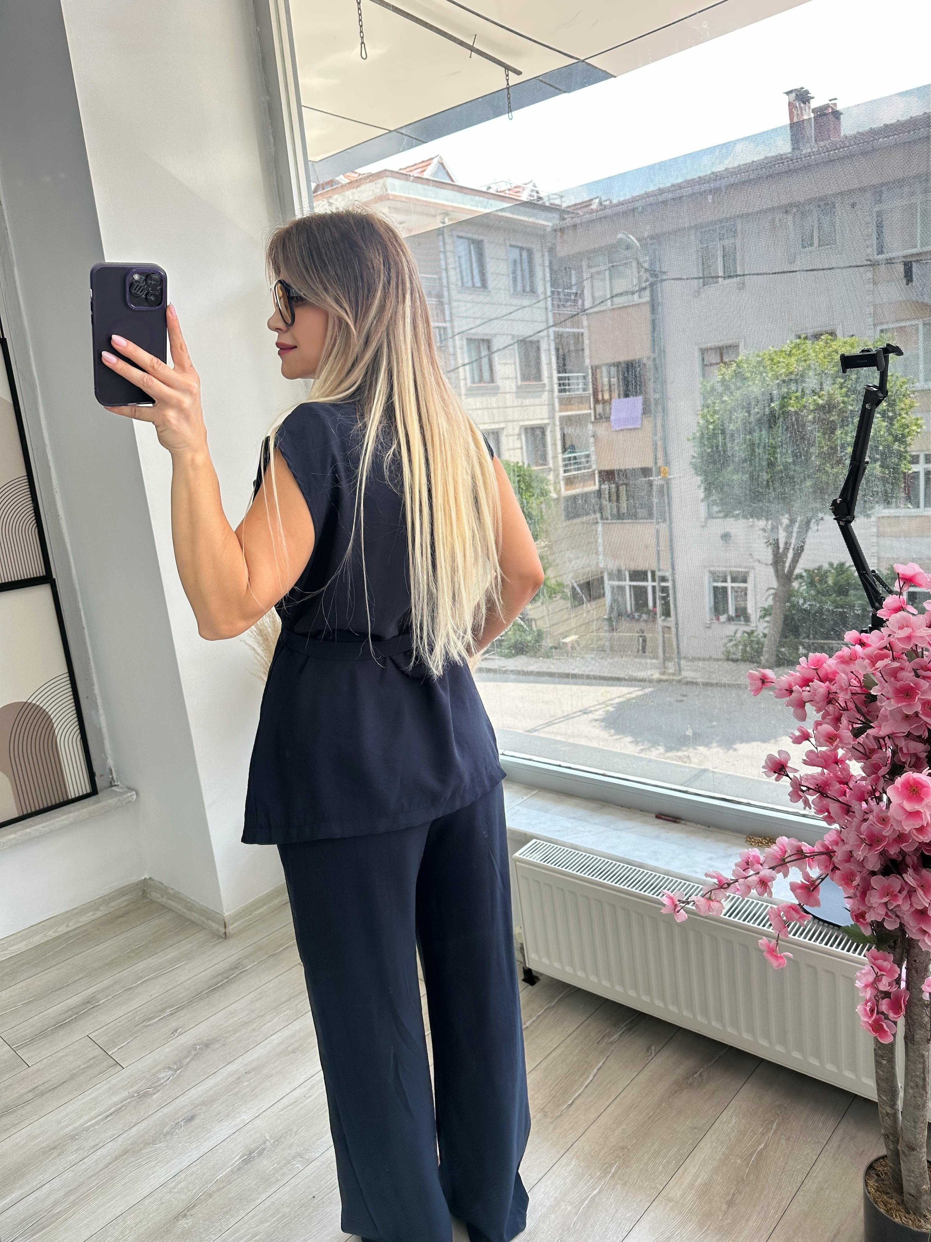 Lacivert Tensel Kumaş Yelek Pantolon Takım 