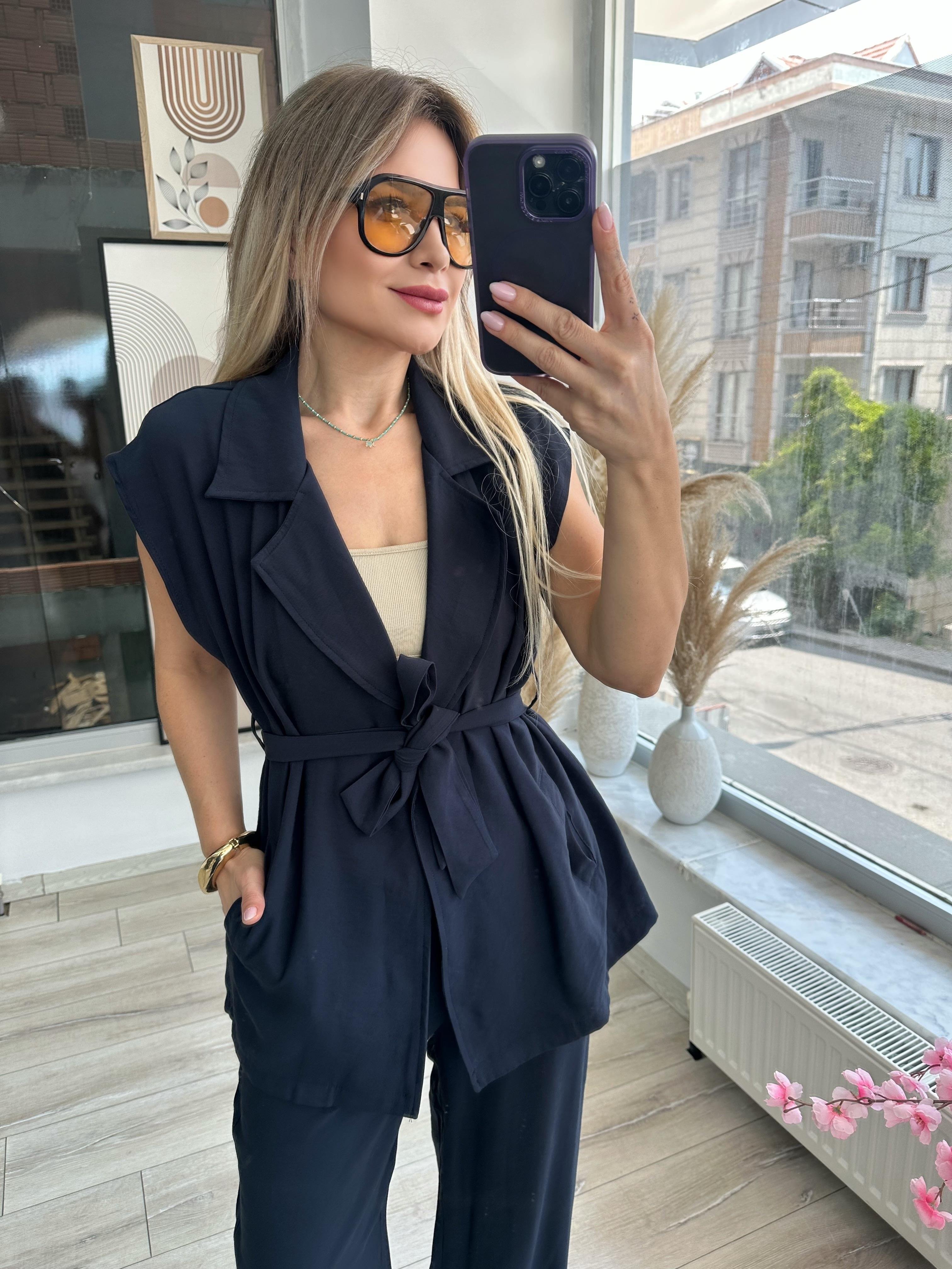 Lacivert Tensel Kumaş Yelek Pantolon Takım 