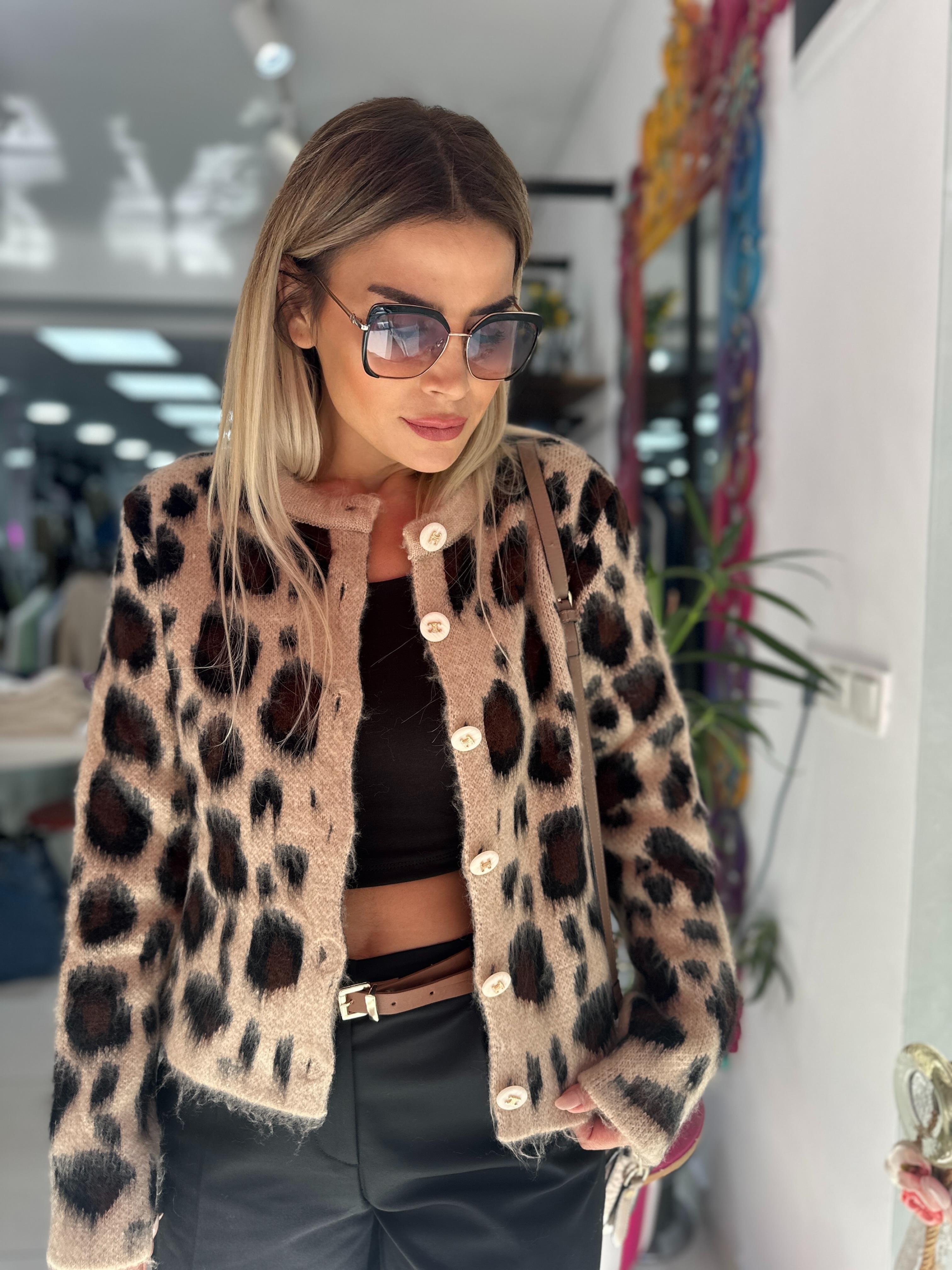 Leopar Desenli Şardonlu Hırka