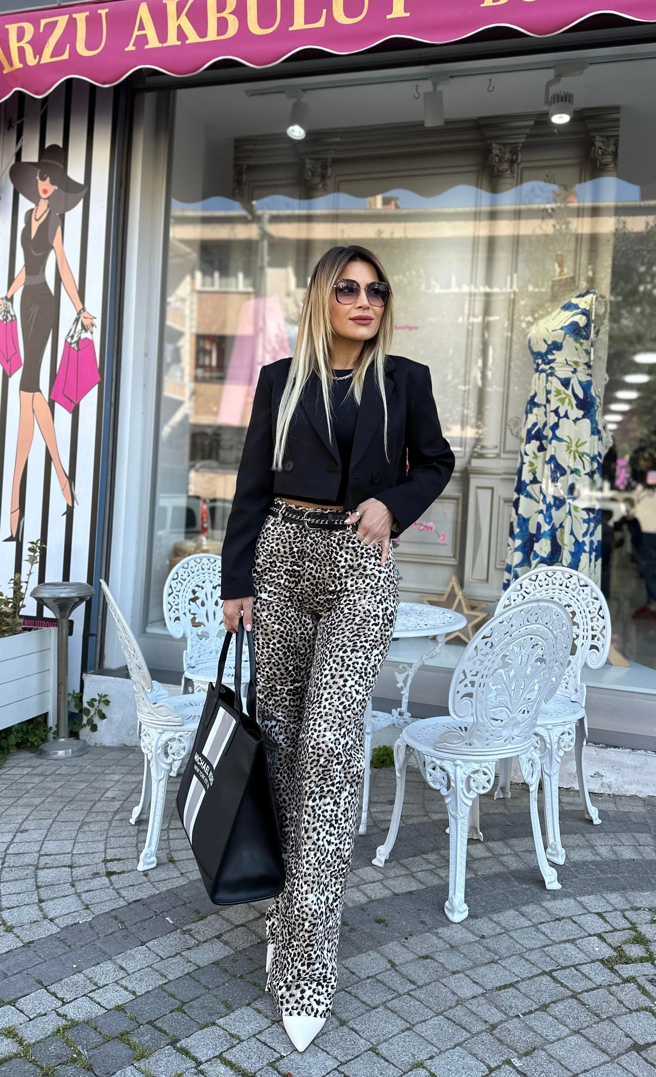 Leopar Desenli Wide Leg Pantolon