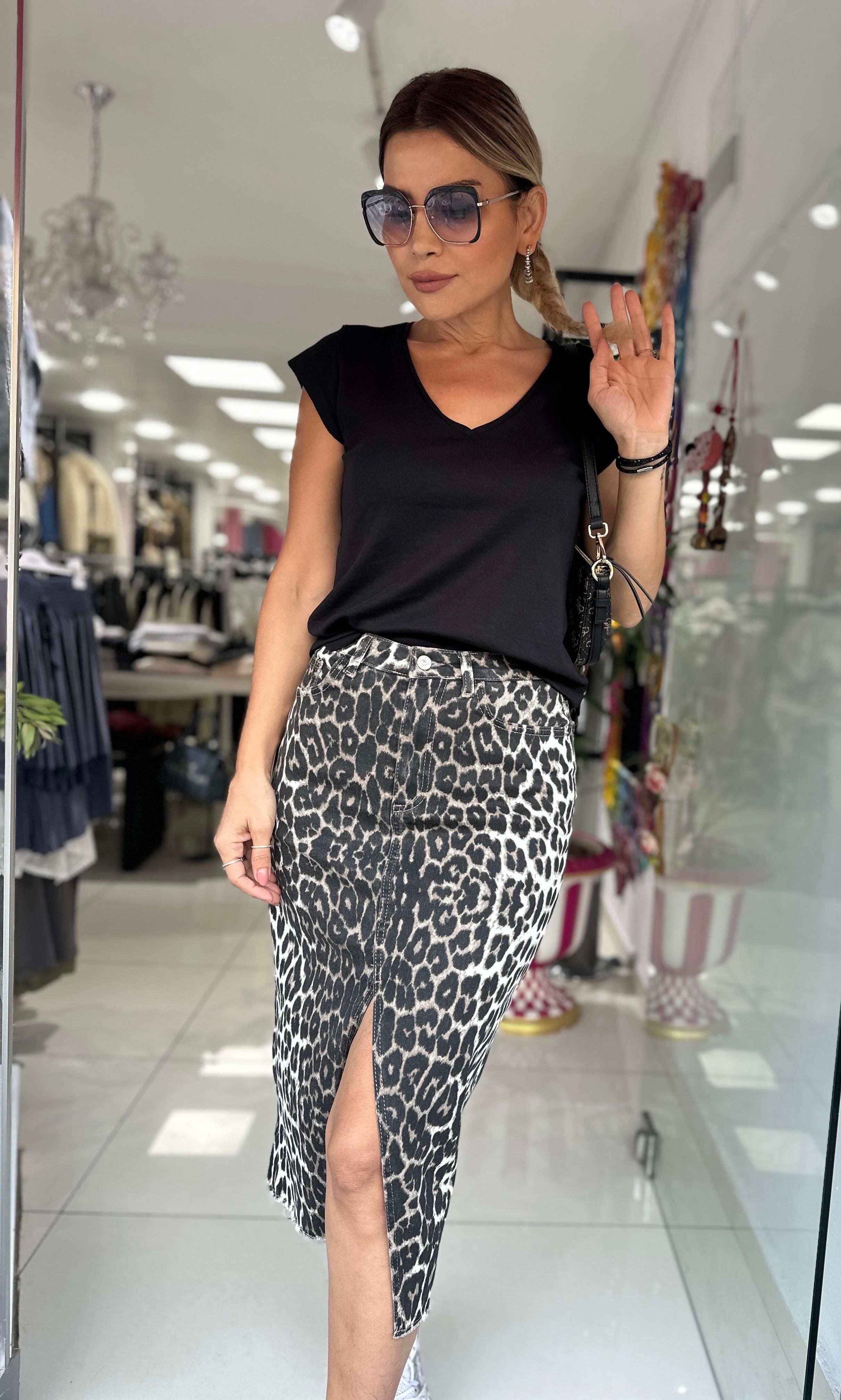 Leopar Desenli Yırtmaçlı Jean Etek